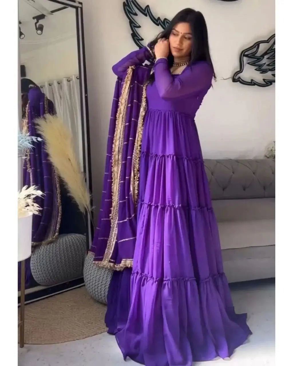 Ruffle Faux Georgette Anarkali Set