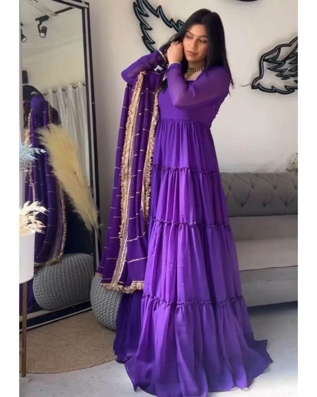 Ruffle Faux Georgette Anarkali Set