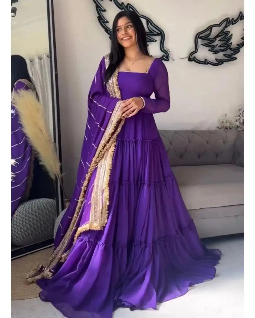 Ruffle Faux Georgette Anarkali Set