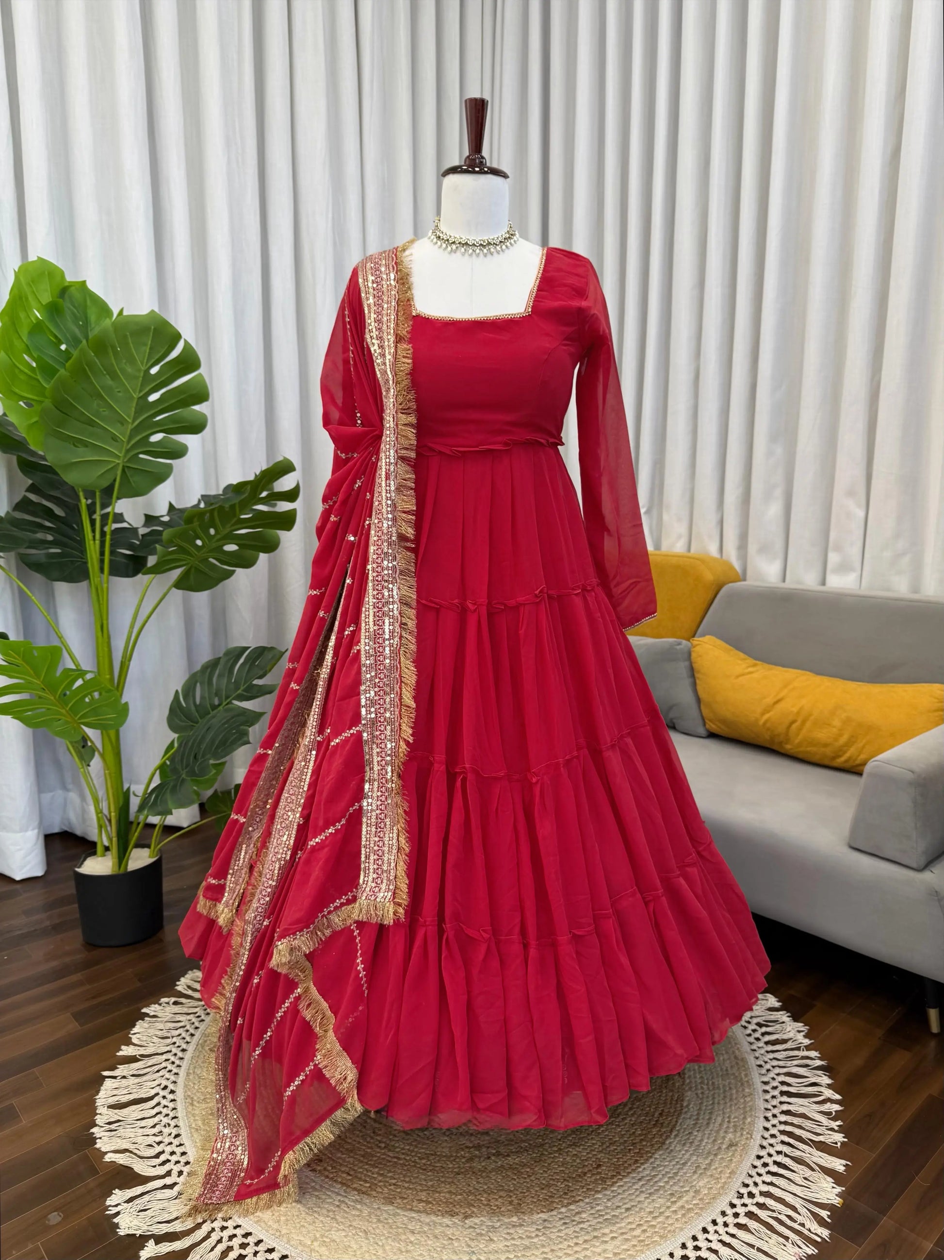 Ruffle Faux Georgette Anarkali Set