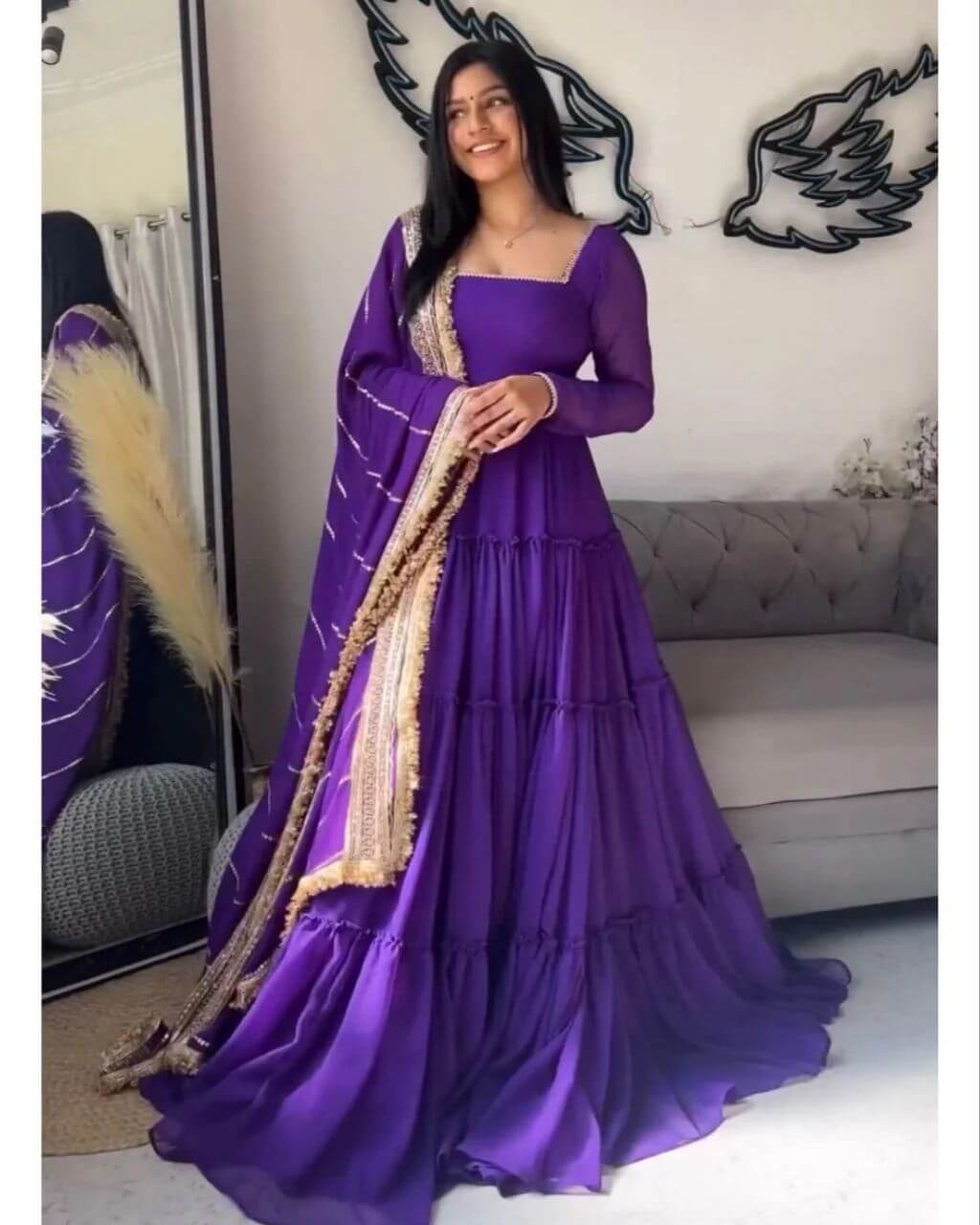 Ruffle Faux Georgette Anarkali Set