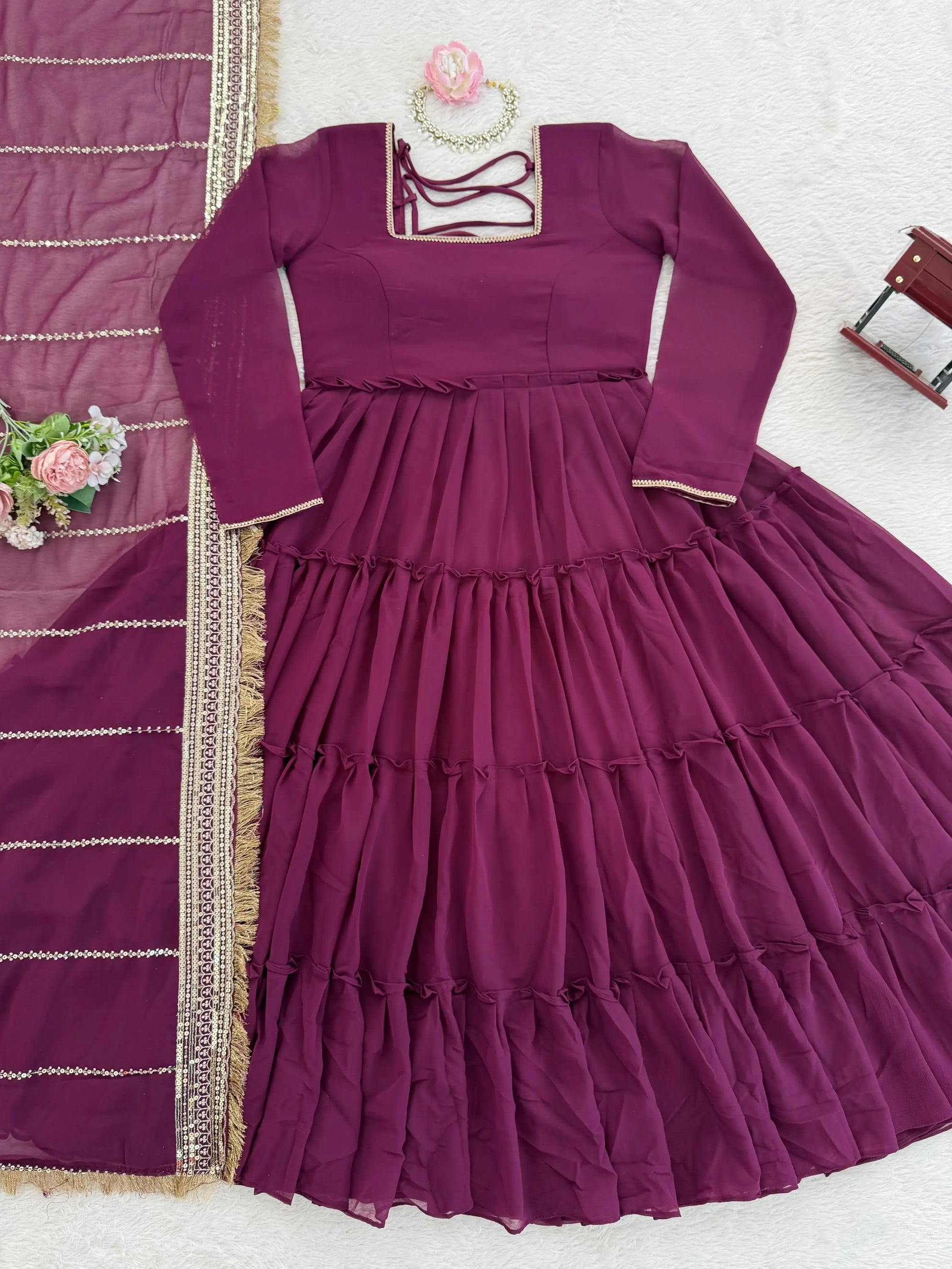 Ruffle Faux Georgette Anarkali Set