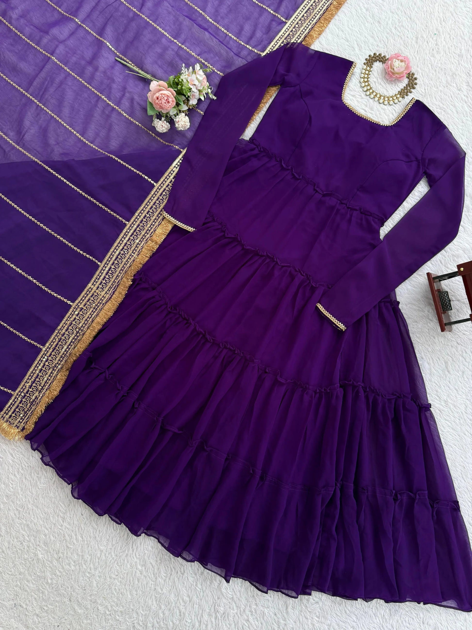 Ruffle Faux Georgette Anarkali Set