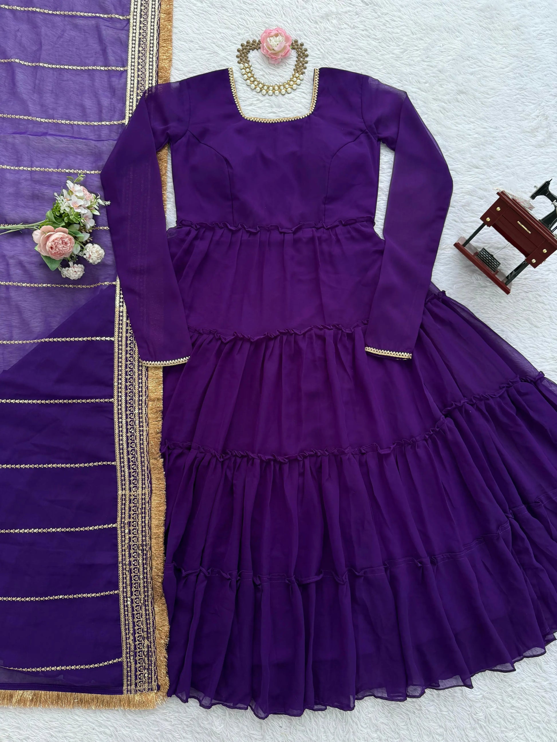 Ruffle Faux Georgette Anarkali Set