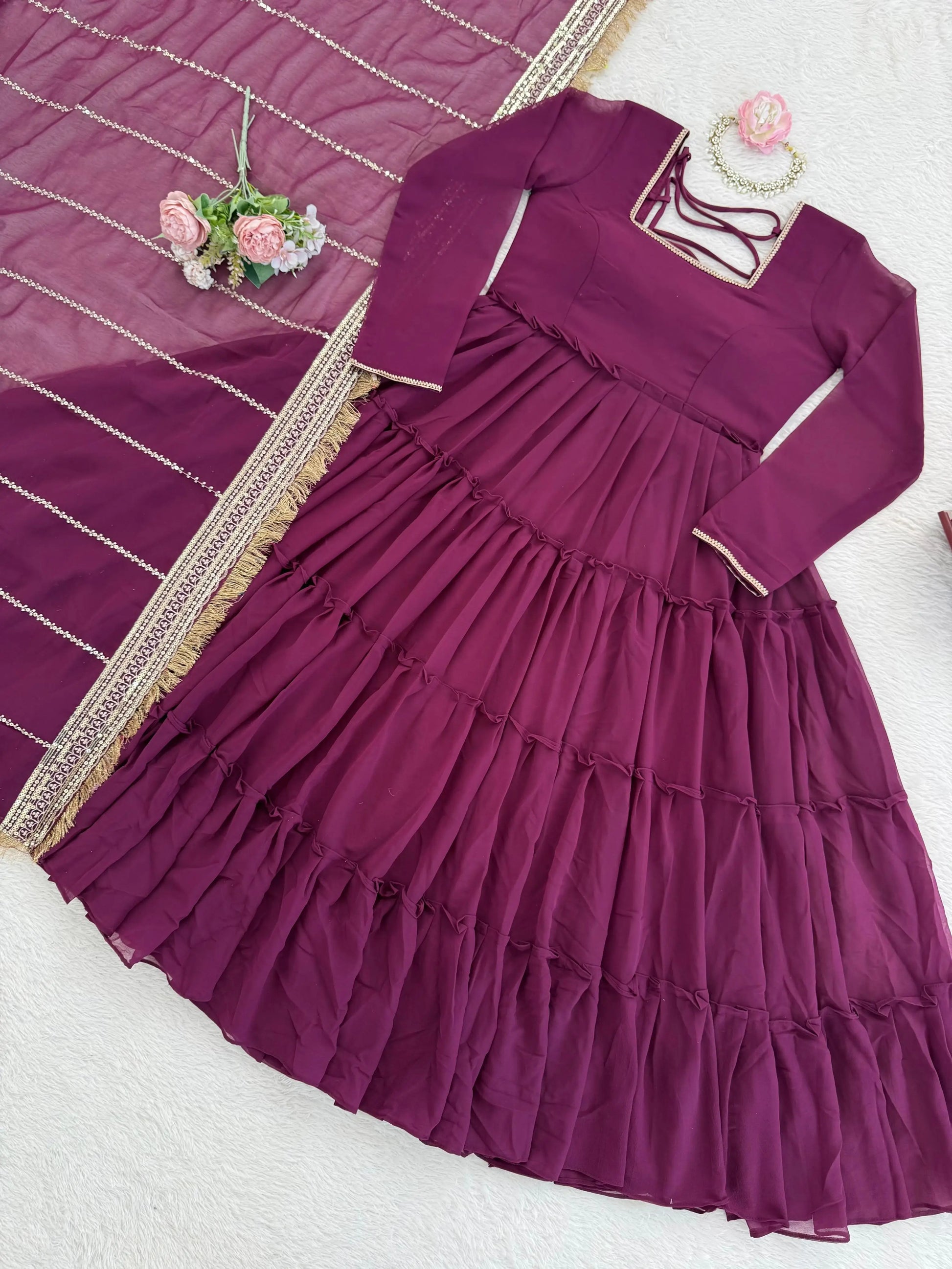 Ruffle Faux Georgette Anarkali Set
