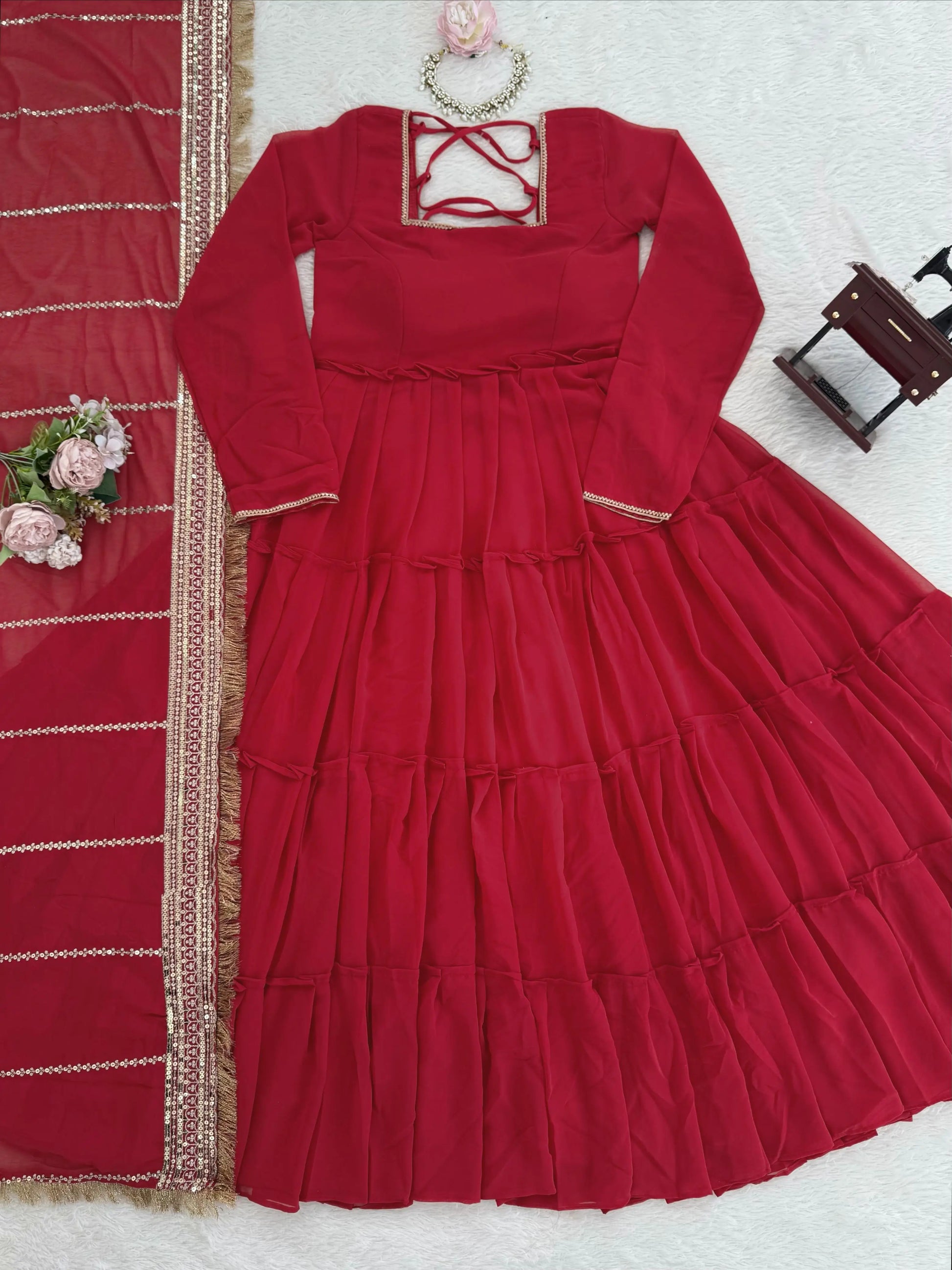Ruffle Faux Georgette Anarkali Set