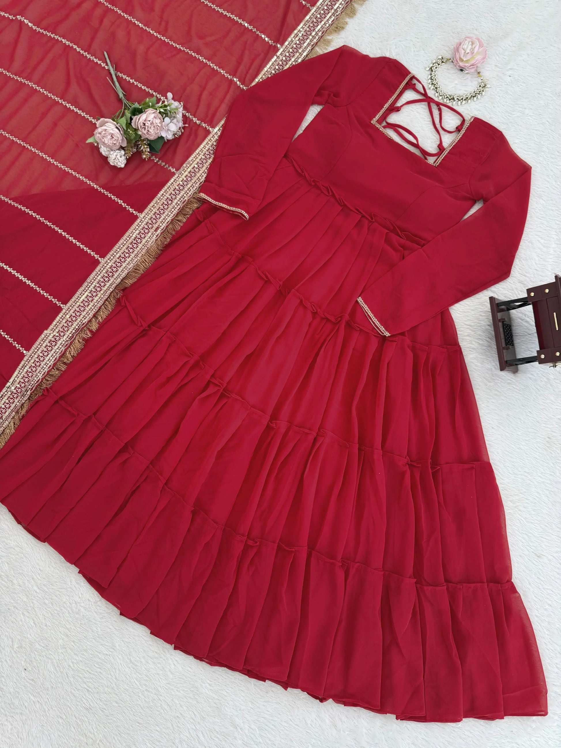 Ruffle Faux Georgette Anarkali Set
