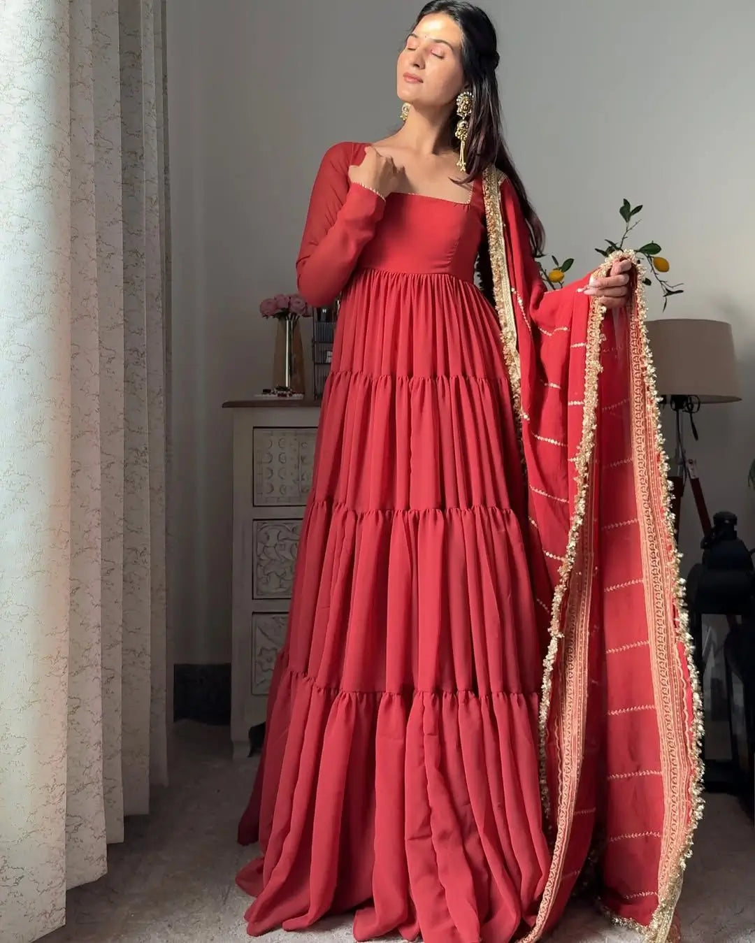Ruffle Faux Georgette Anarkali Set