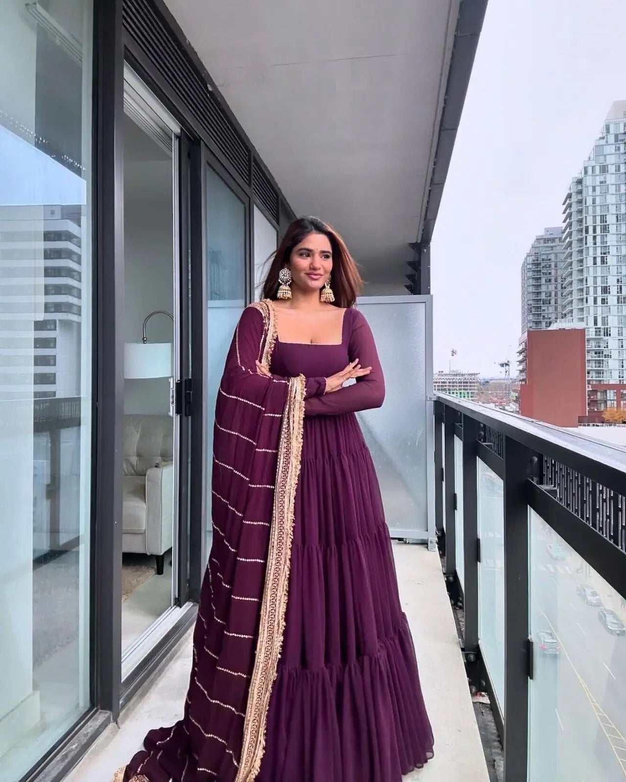 Ruffle Faux Georgette Anarkali Set