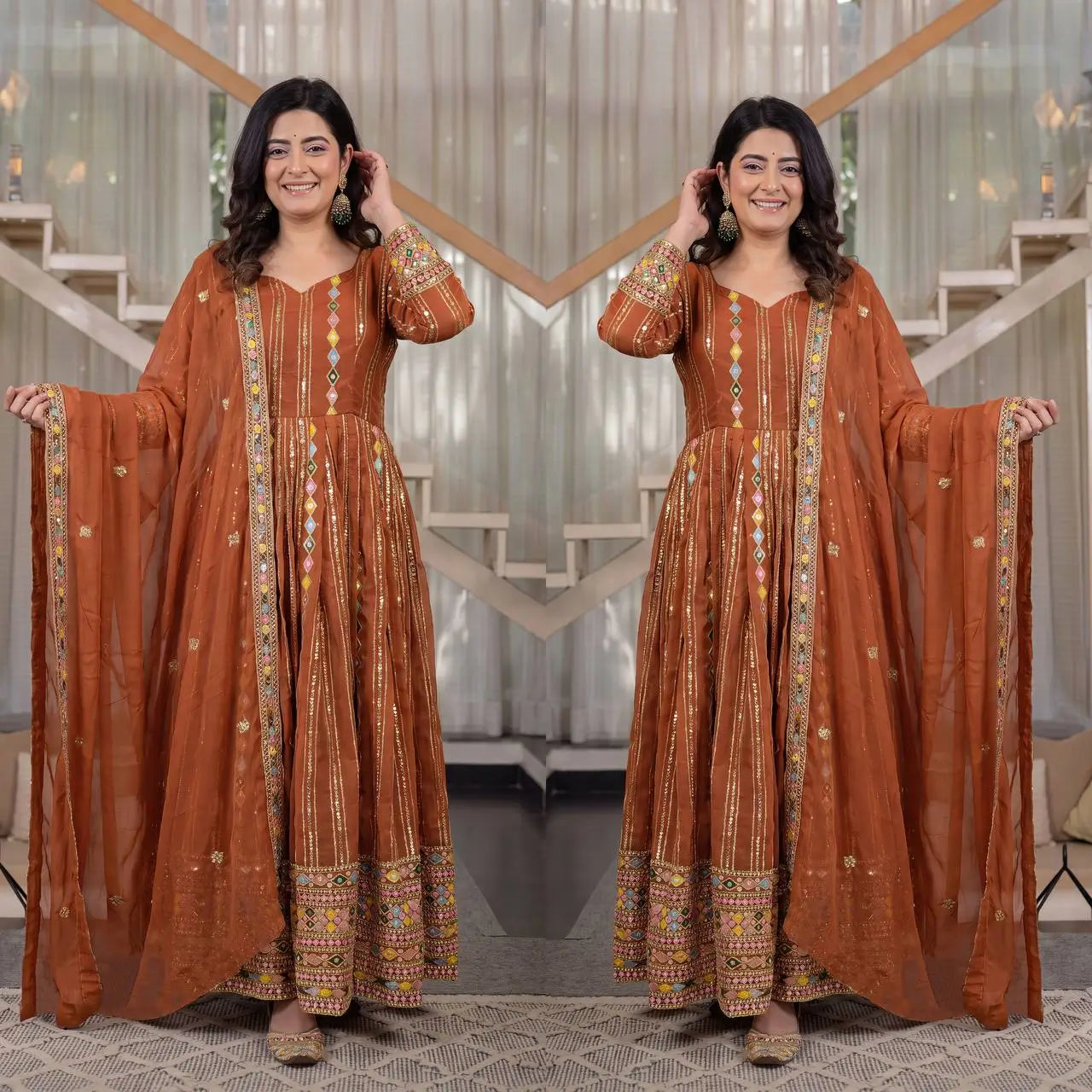 Rust Anarkali Gown Set with Sequin Embroidery