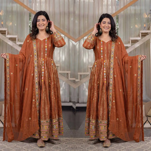 Rust Anarkali Gown Set with Sequin Embroidery