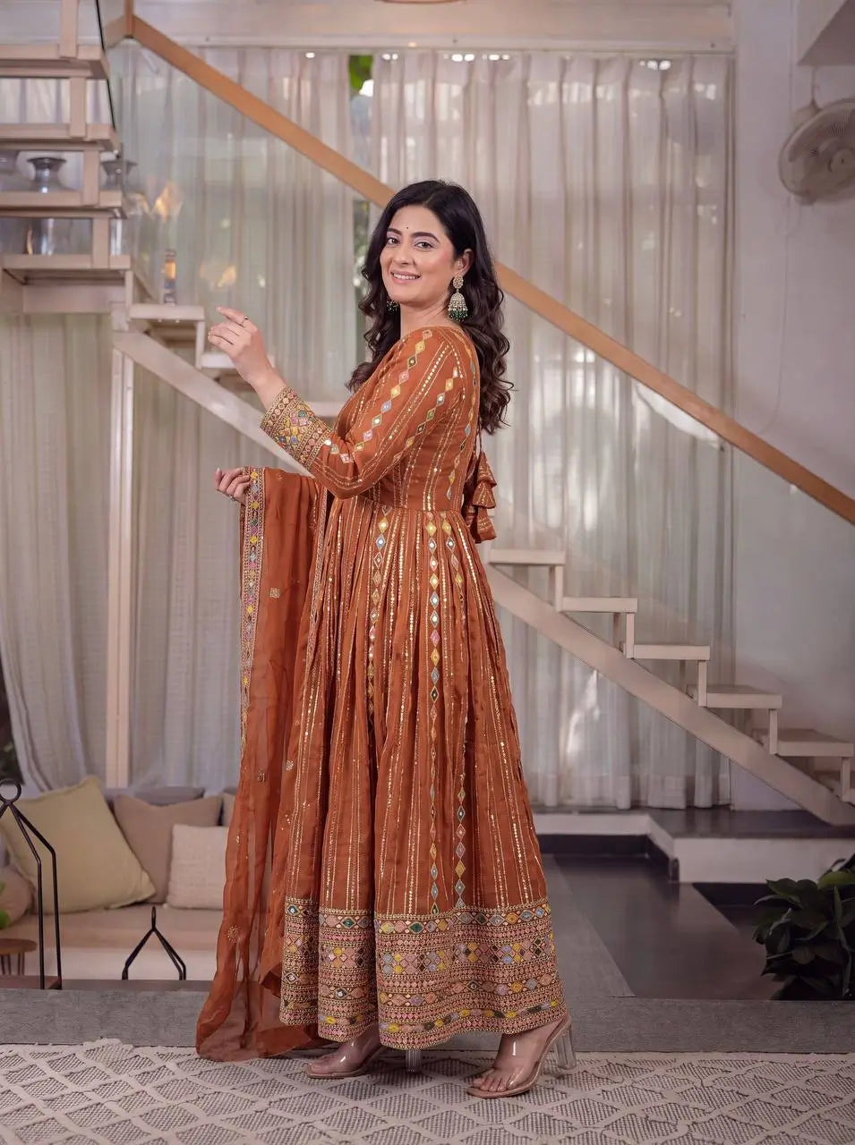 Rust Anarkali Gown Set with Sequin Embroidery
