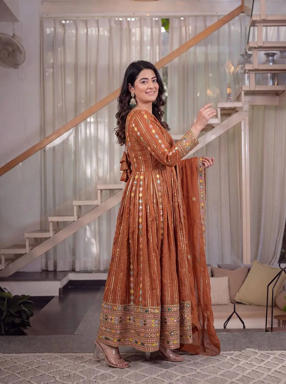 Rust Anarkali Gown Set with Sequin Embroidery