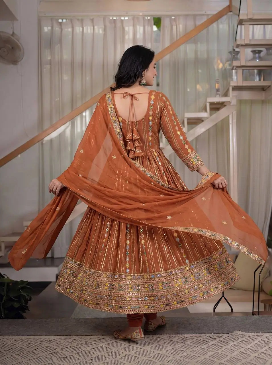 Rust Anarkali Gown Set with Sequin Embroidery