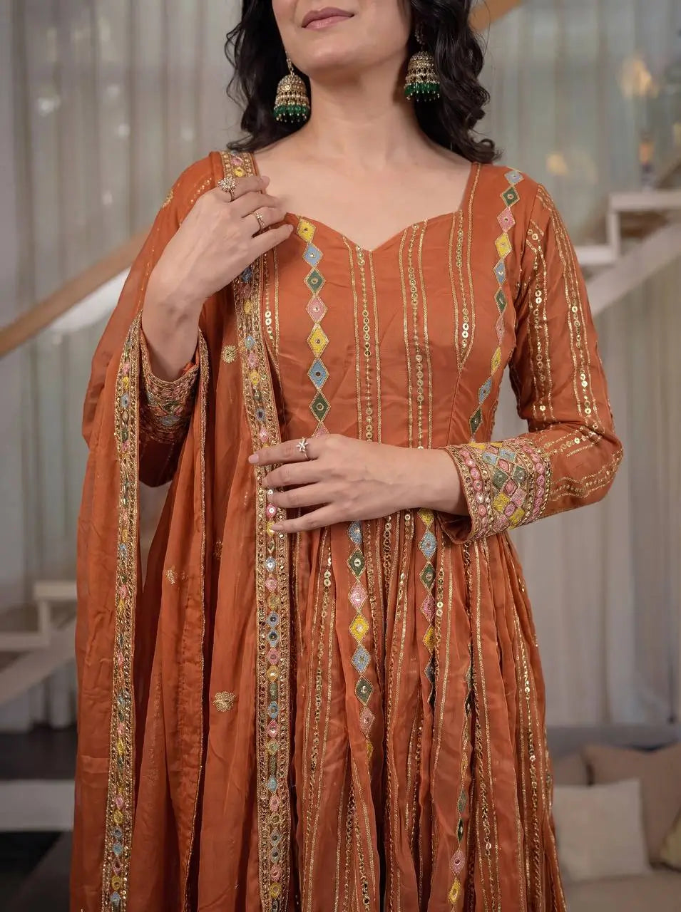 Rust Anarkali Gown Set with Sequin Embroidery