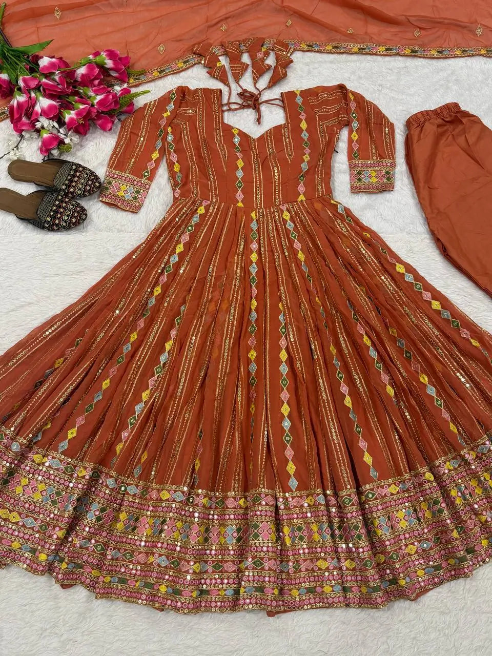 Rust Anarkali Gown Set with Sequin Embroidery