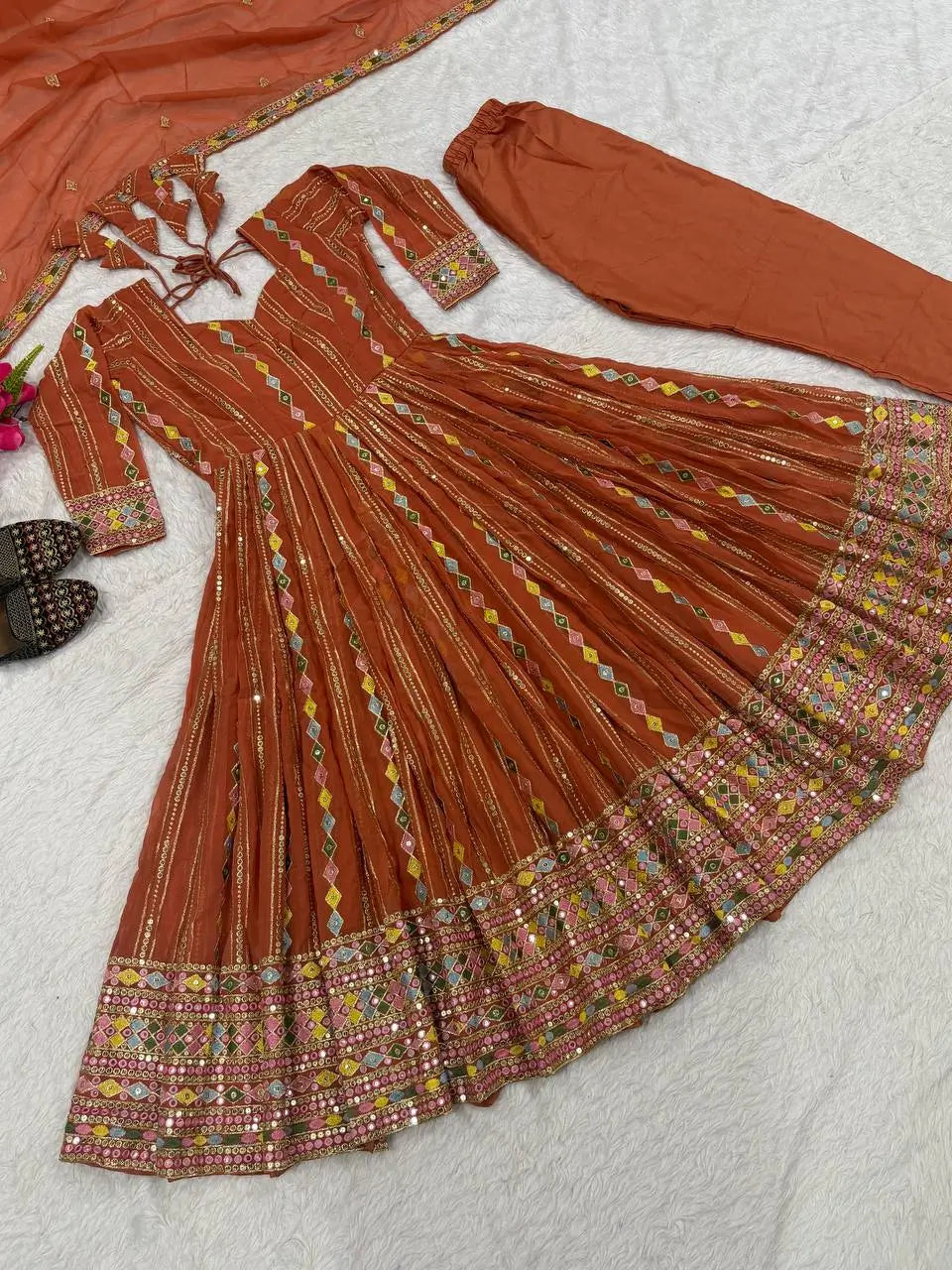 Rust Anarkali Gown Set with Sequin Embroidery