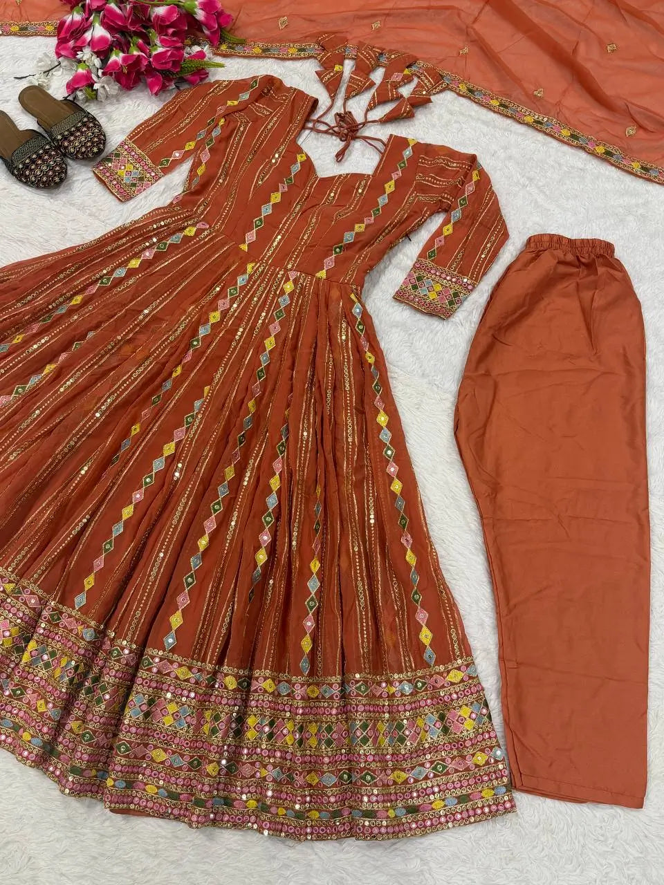 Rust Anarkali Gown Set with Sequin Embroidery