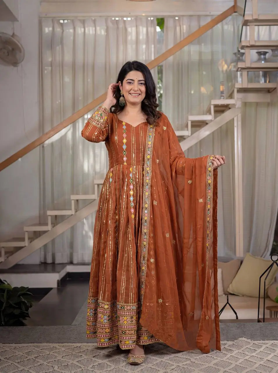 Rust Anarkali Gown Set with Sequin Embroidery