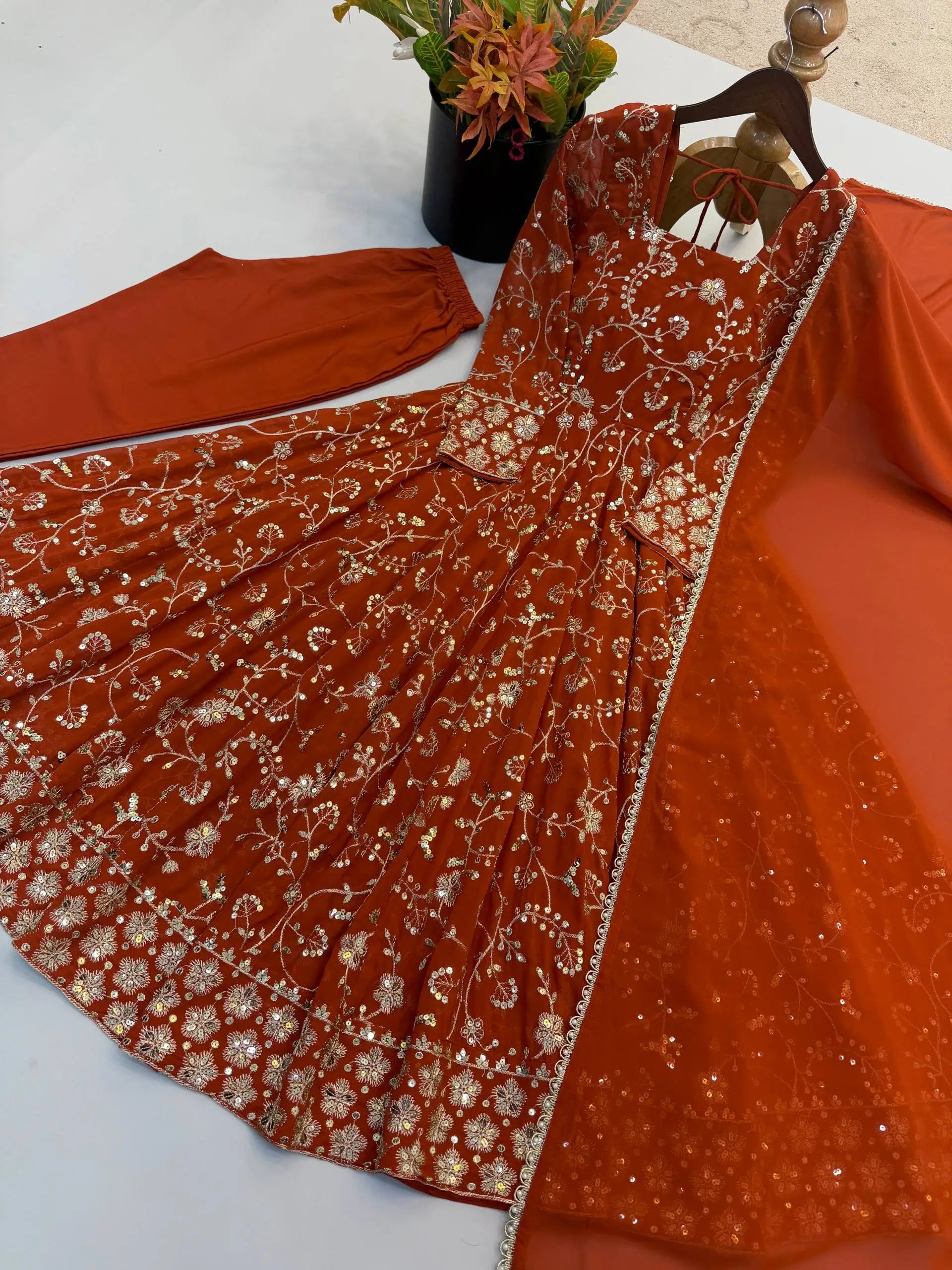 Rust Anarkali Gown with Sequin Embroidery