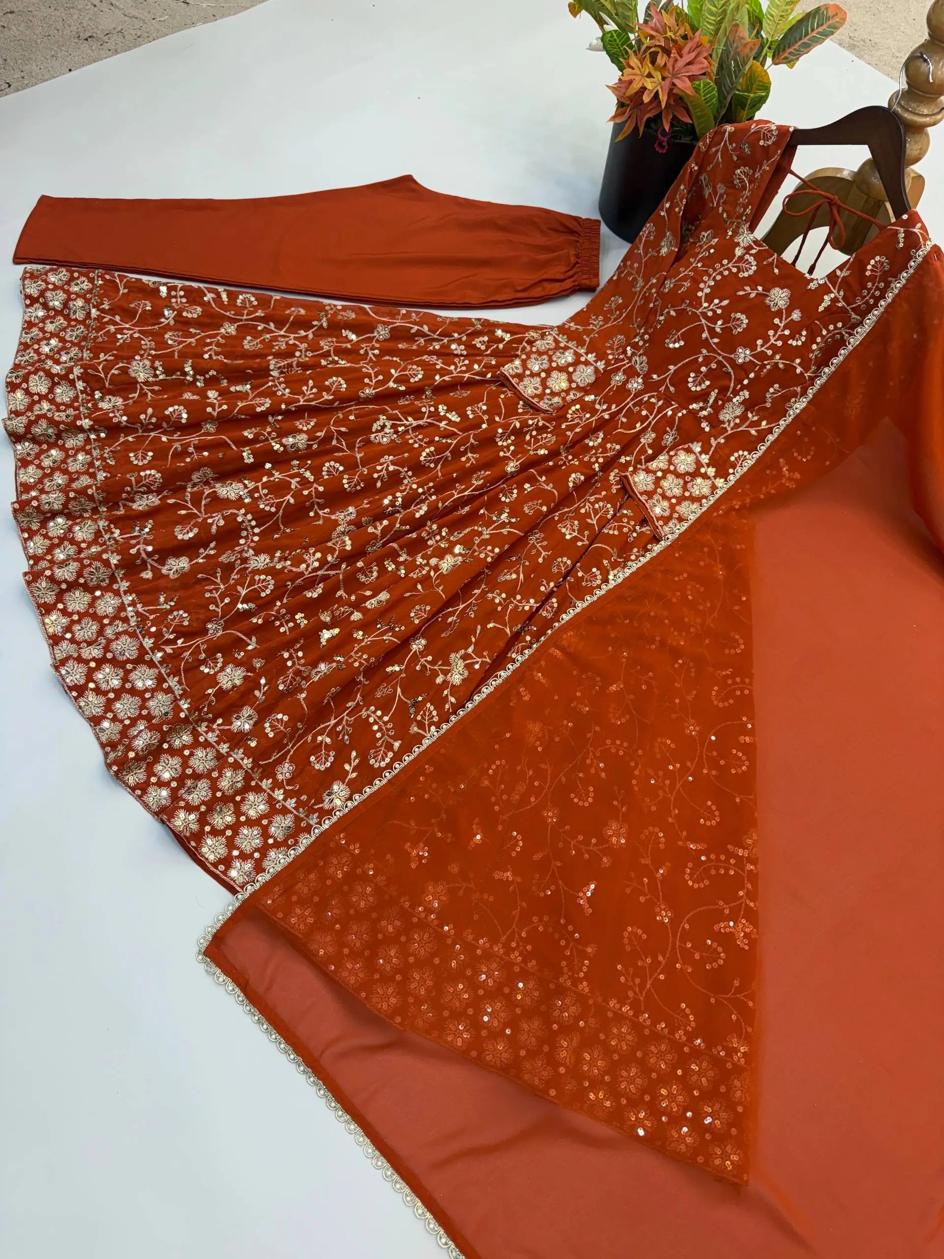 Rust Anarkali Gown with Sequin Embroidery
