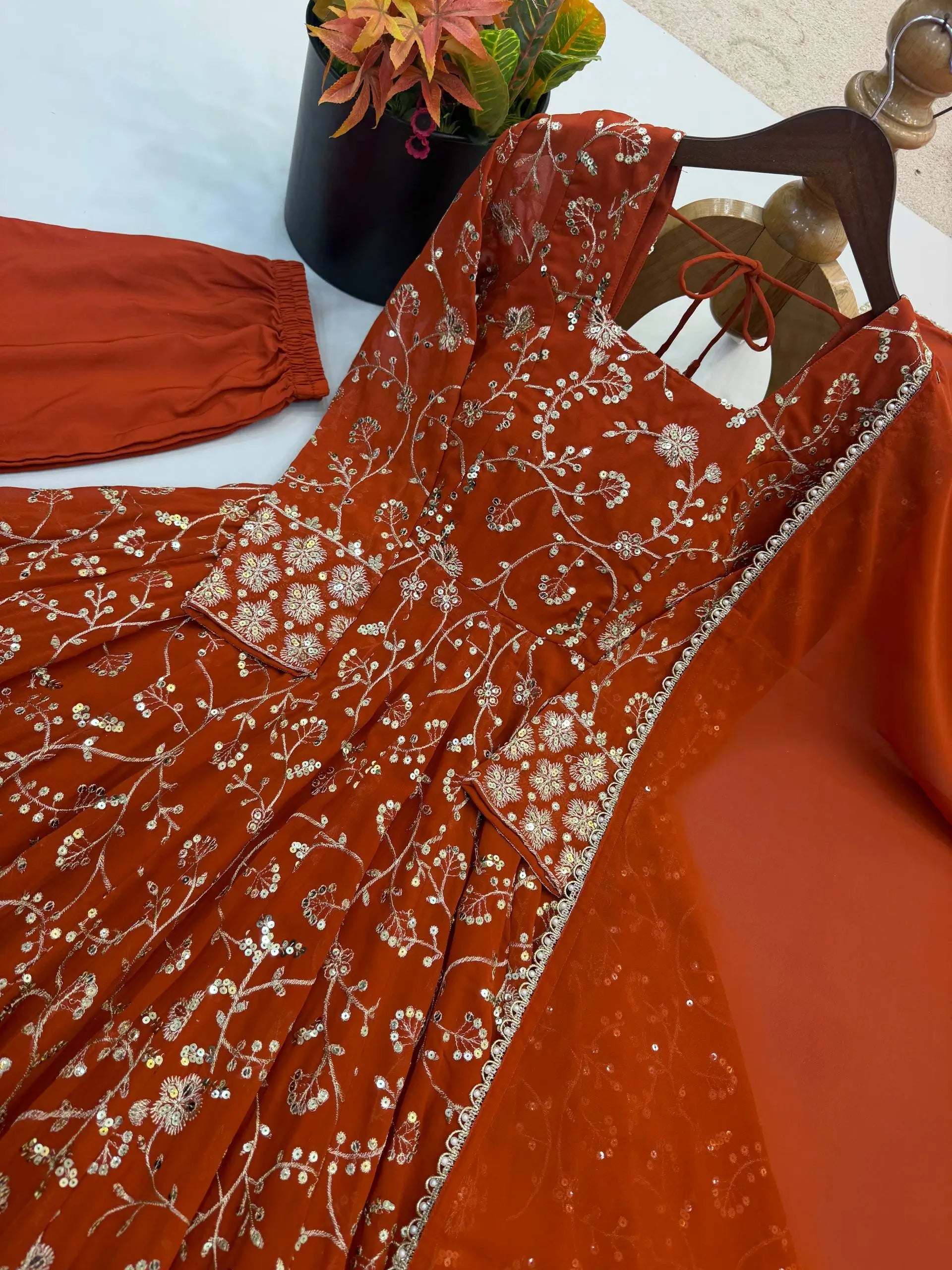 Rust Anarkali Gown with Sequin Embroidery