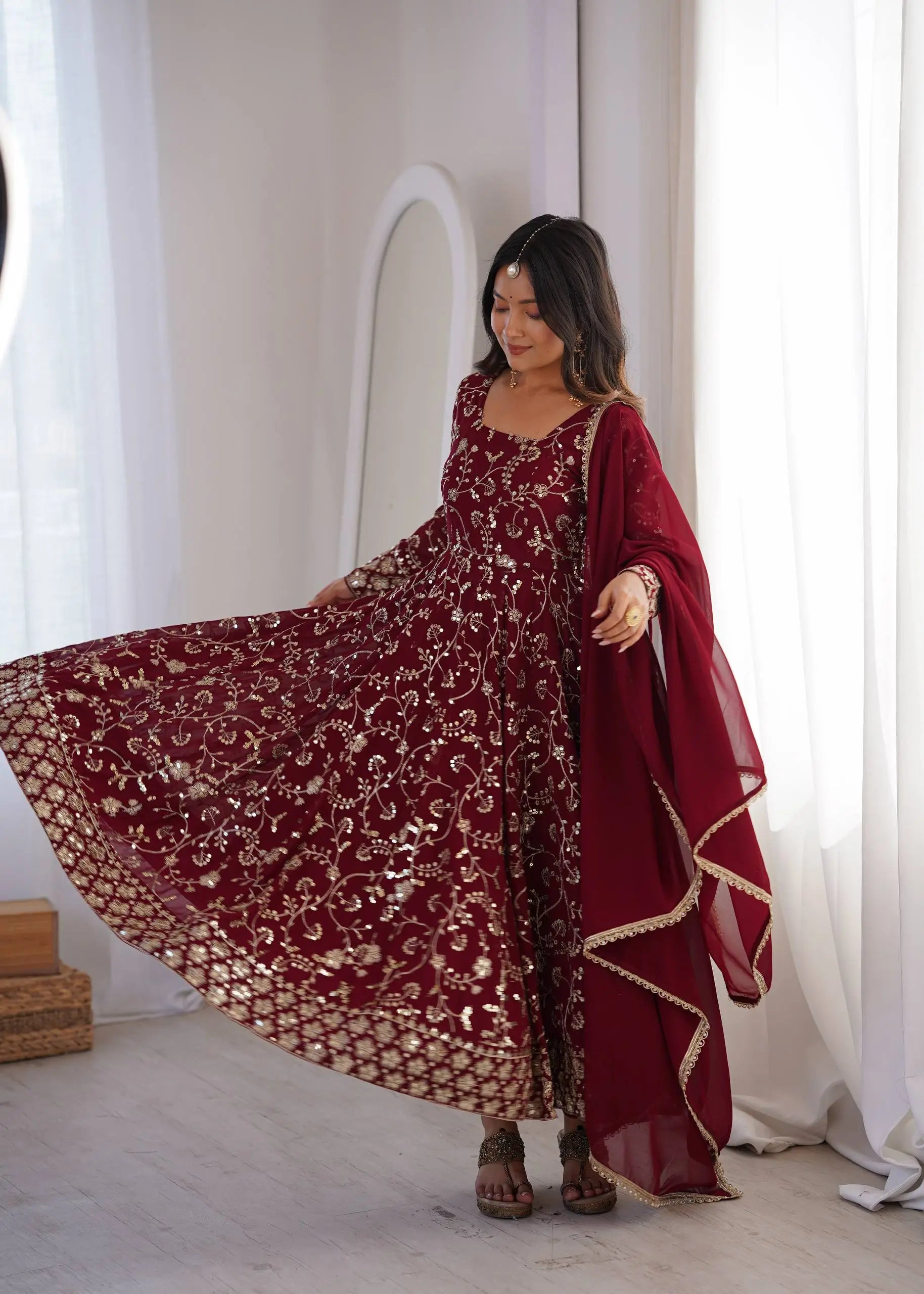 Rust Anarkali Gown with Sequin Embroidery