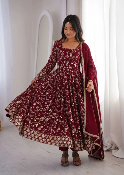 Rust Anarkali Gown with Sequin Embroidery