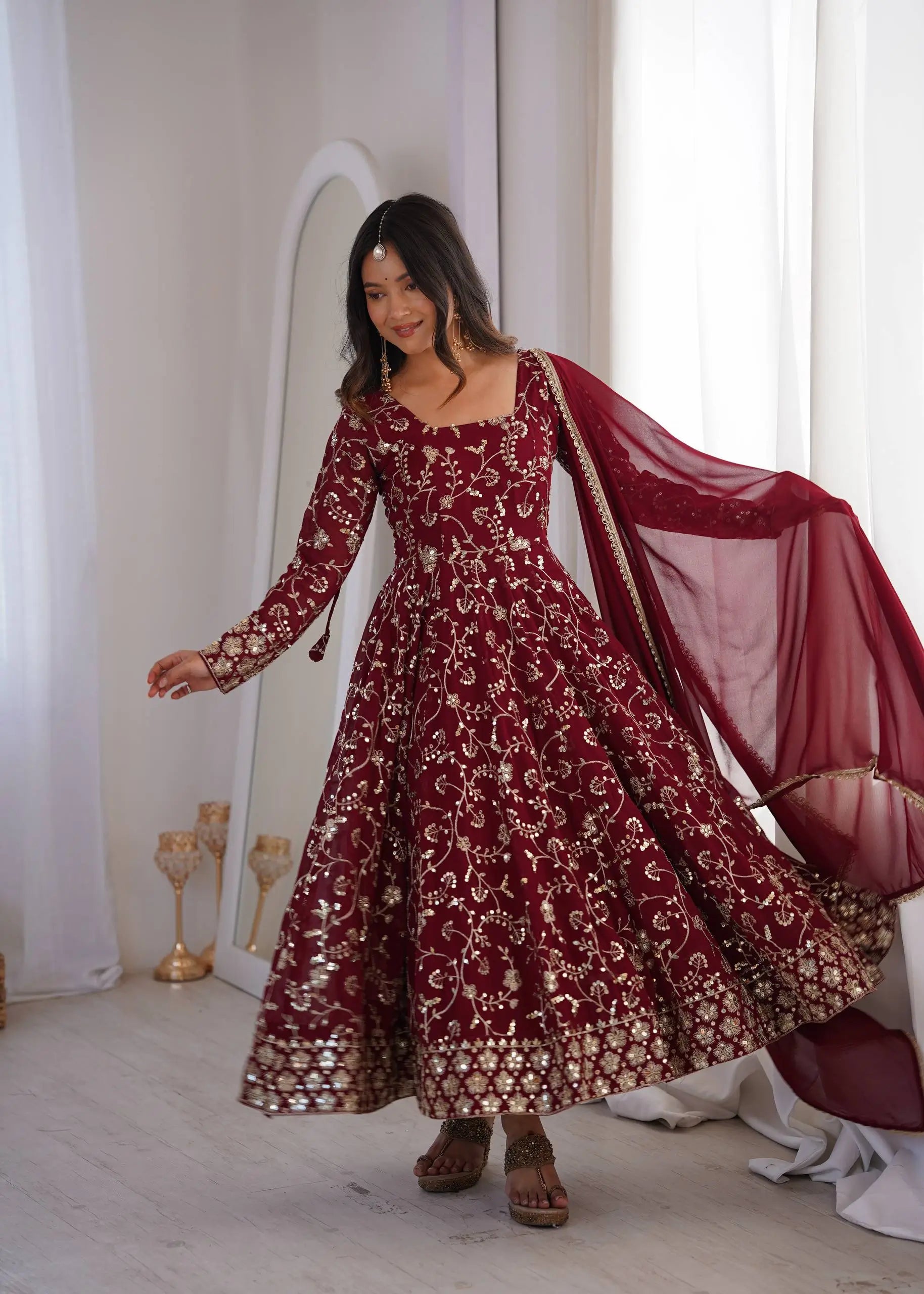 Rust Anarkali Gown with Sequin Embroidery