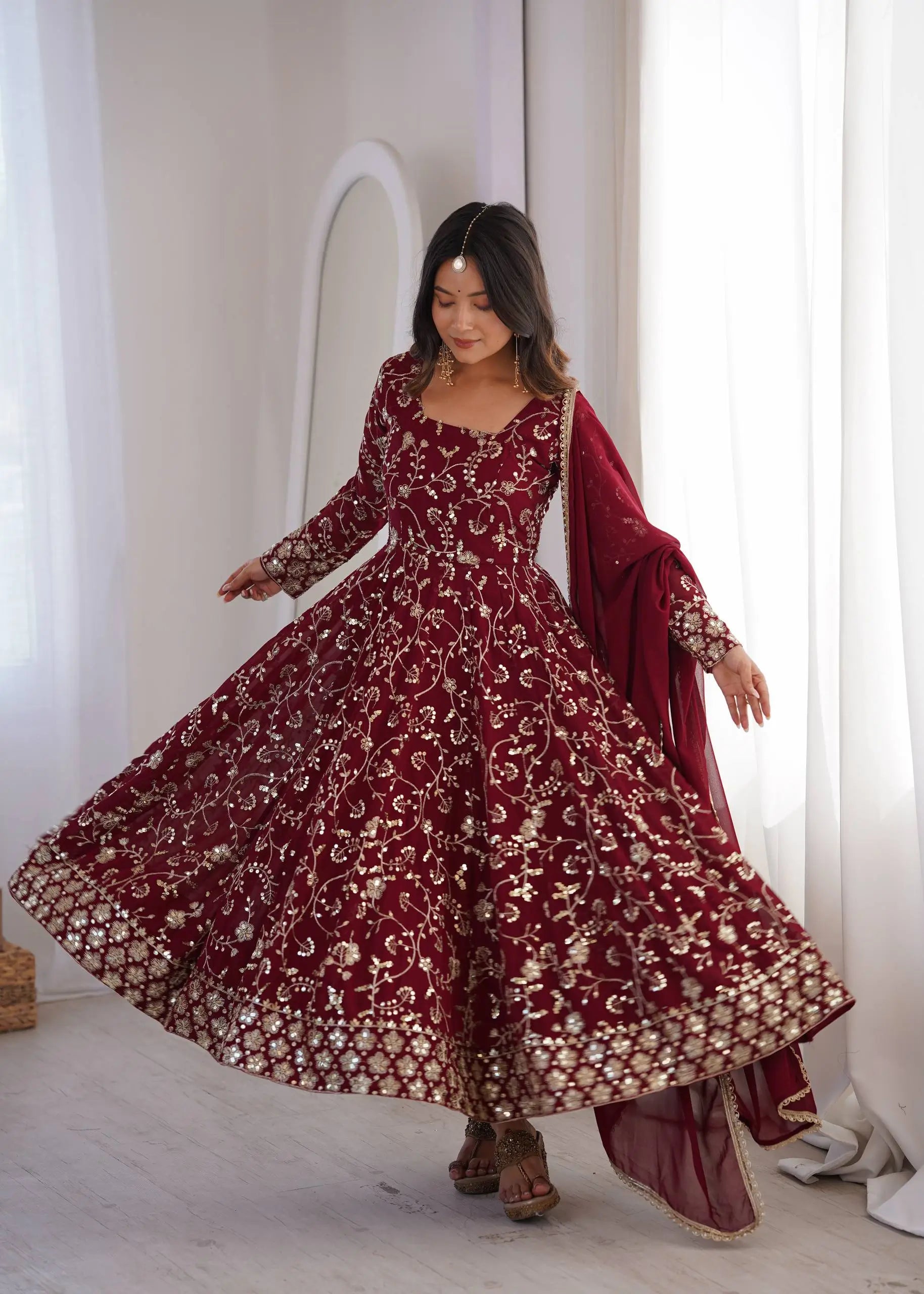 Rust Anarkali Gown with Sequin Embroidery