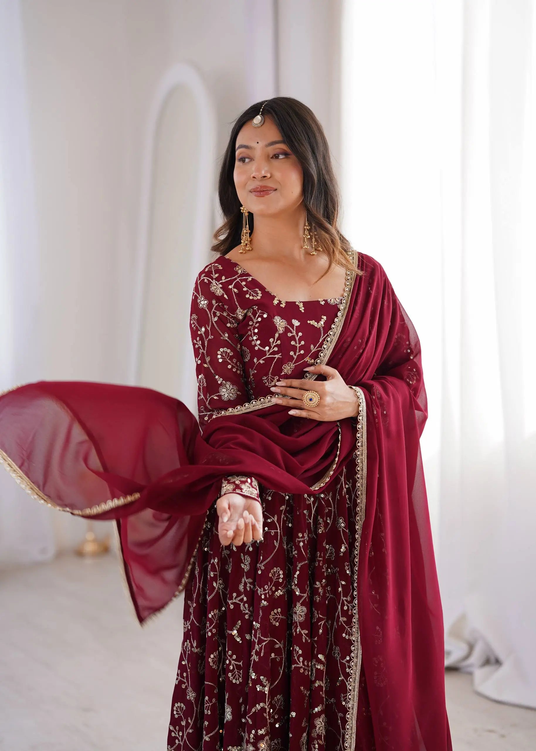 Rust Anarkali Gown with Sequin Embroidery