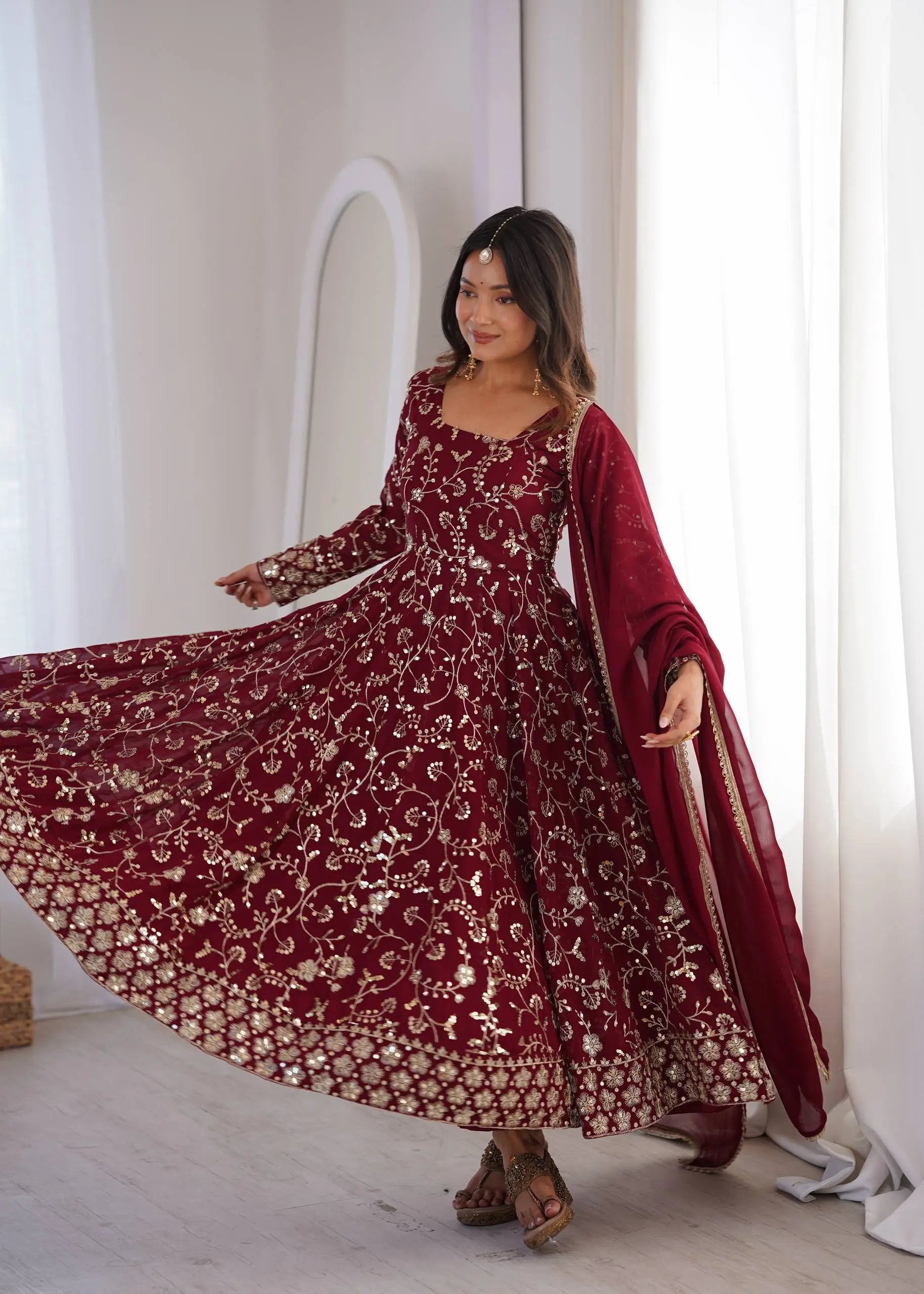 Rust Anarkali Gown with Sequin Embroidery