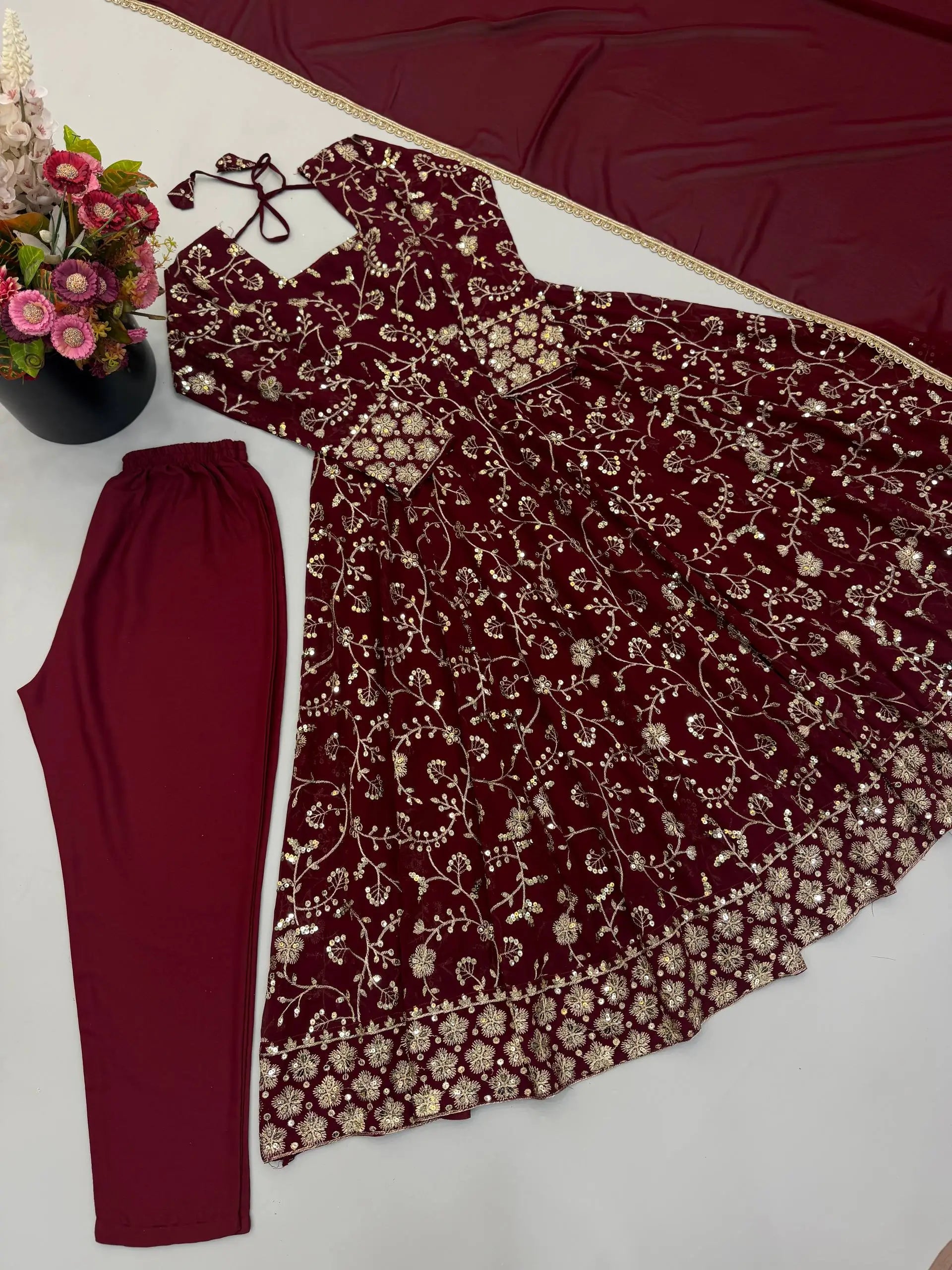 Rust Anarkali Gown with Sequin Embroidery