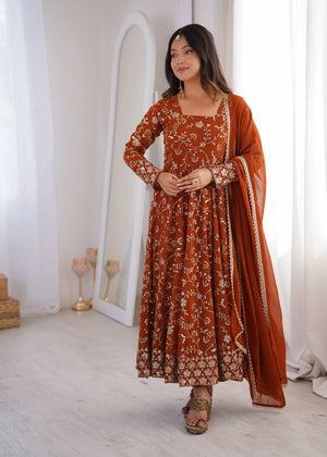 Rust Anarkali Gown with Sequin Embroidery
