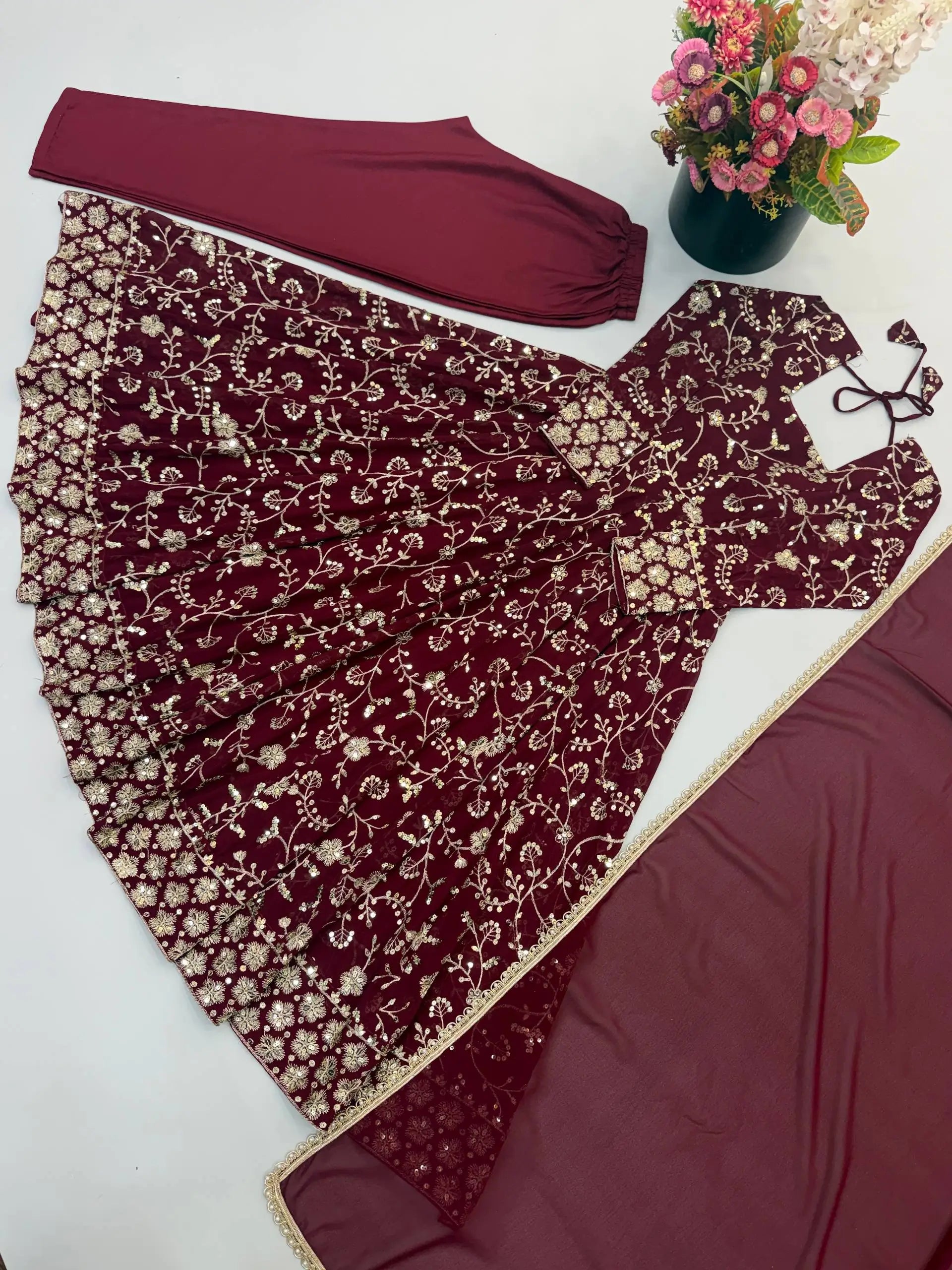 Rust Anarkali Gown with Sequin Embroidery