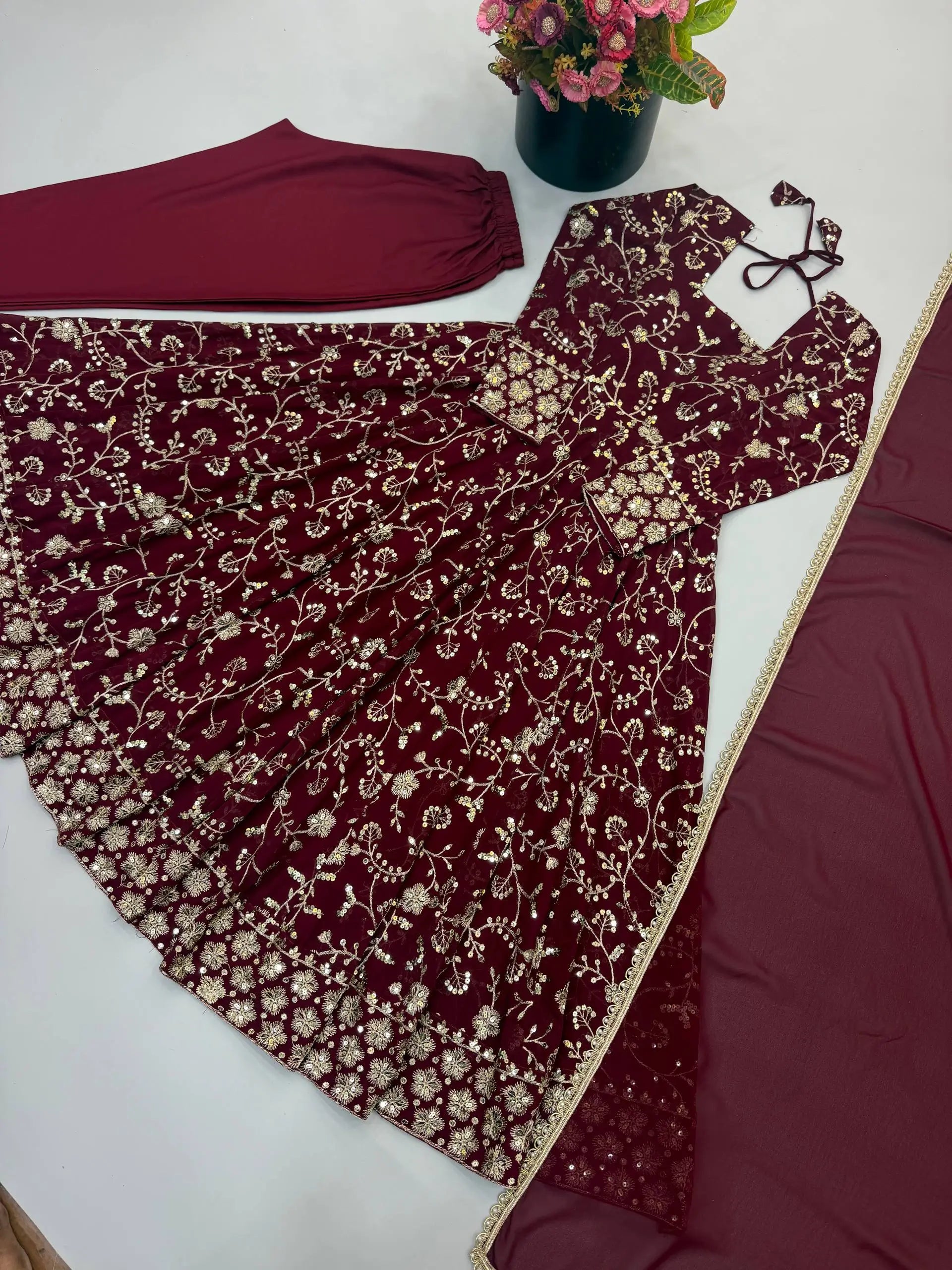 Rust Anarkali Gown with Sequin Embroidery