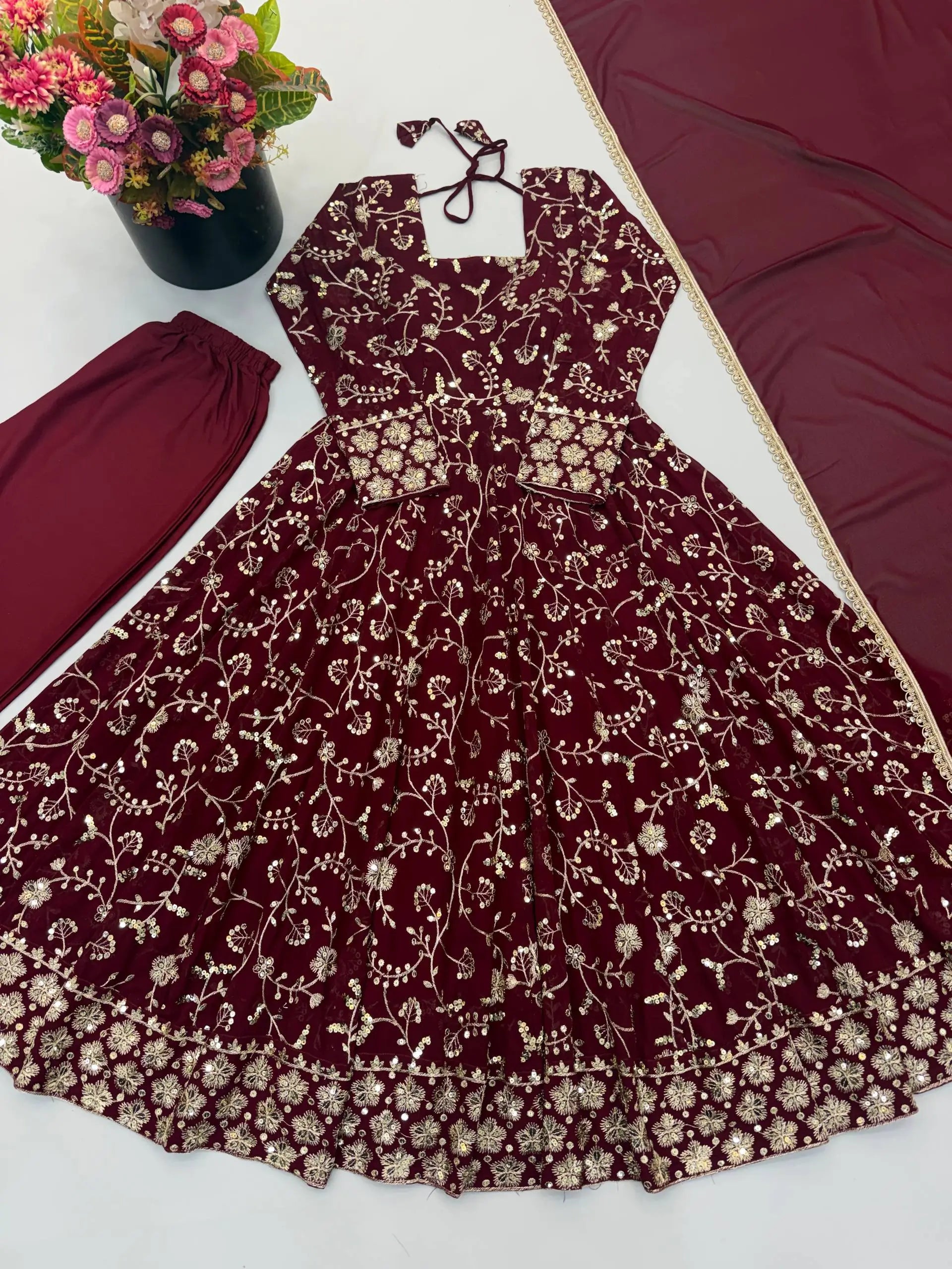 Rust Anarkali Gown with Sequin Embroidery