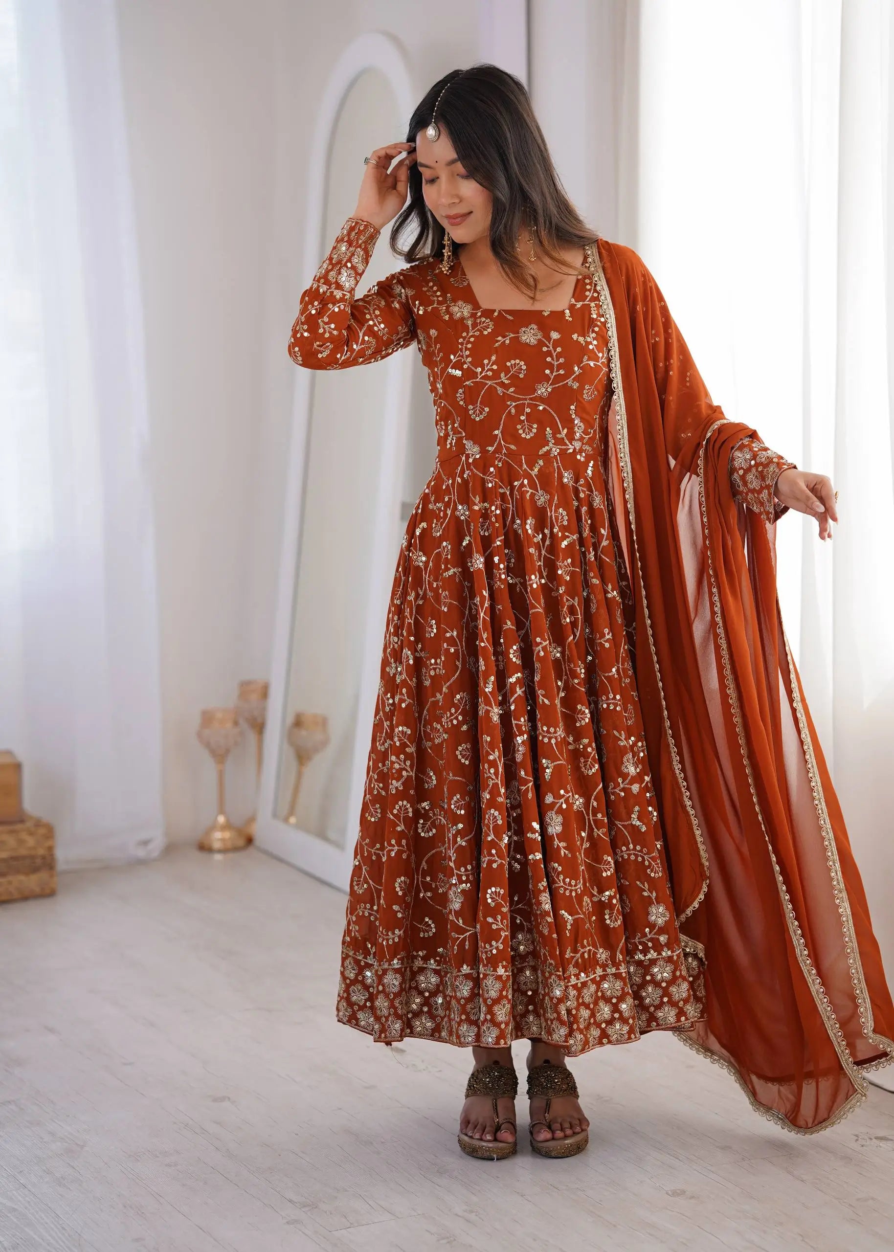 Rust Anarkali Gown with Sequin Embroidery