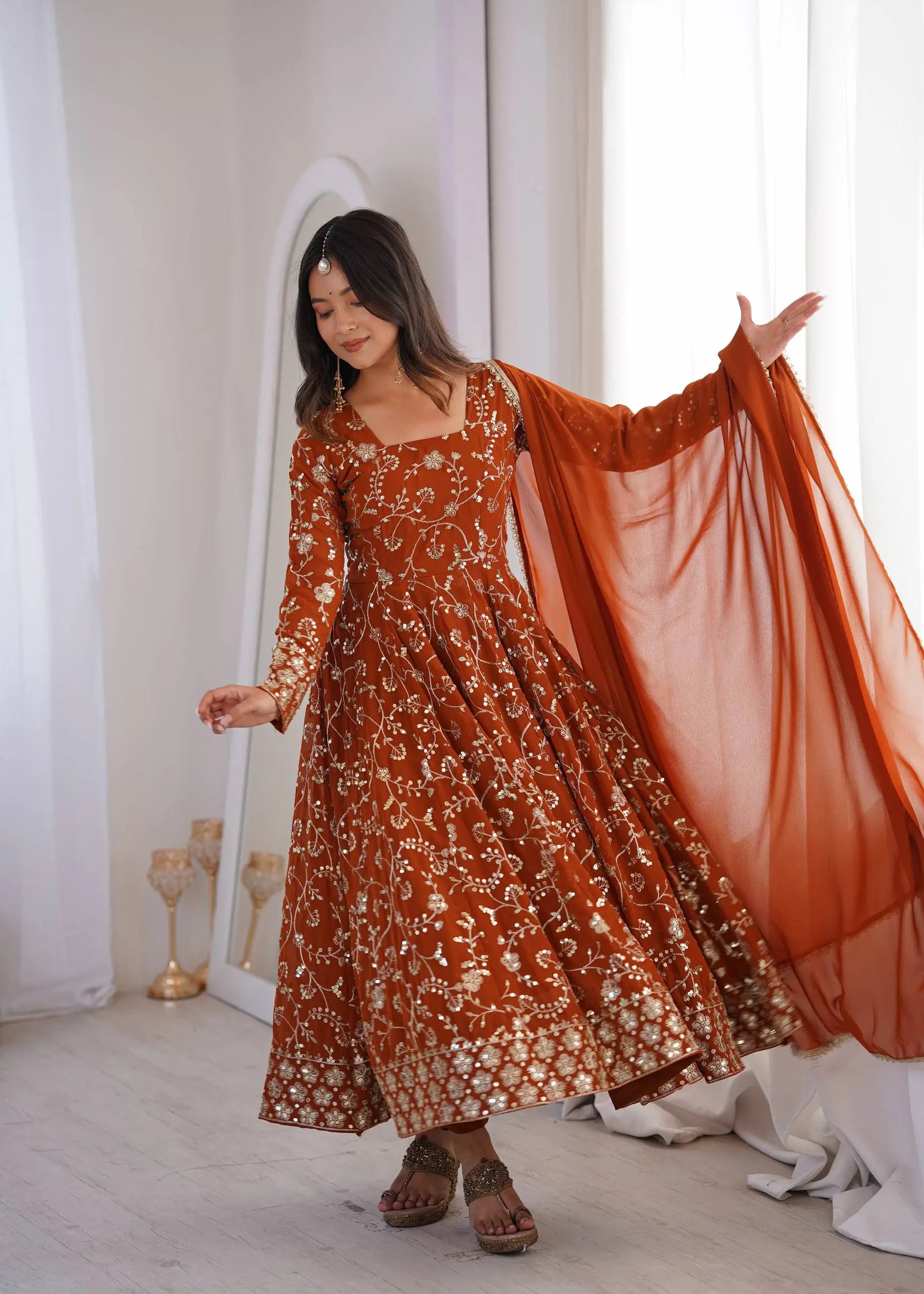 Rust Anarkali Gown with Sequin Embroidery