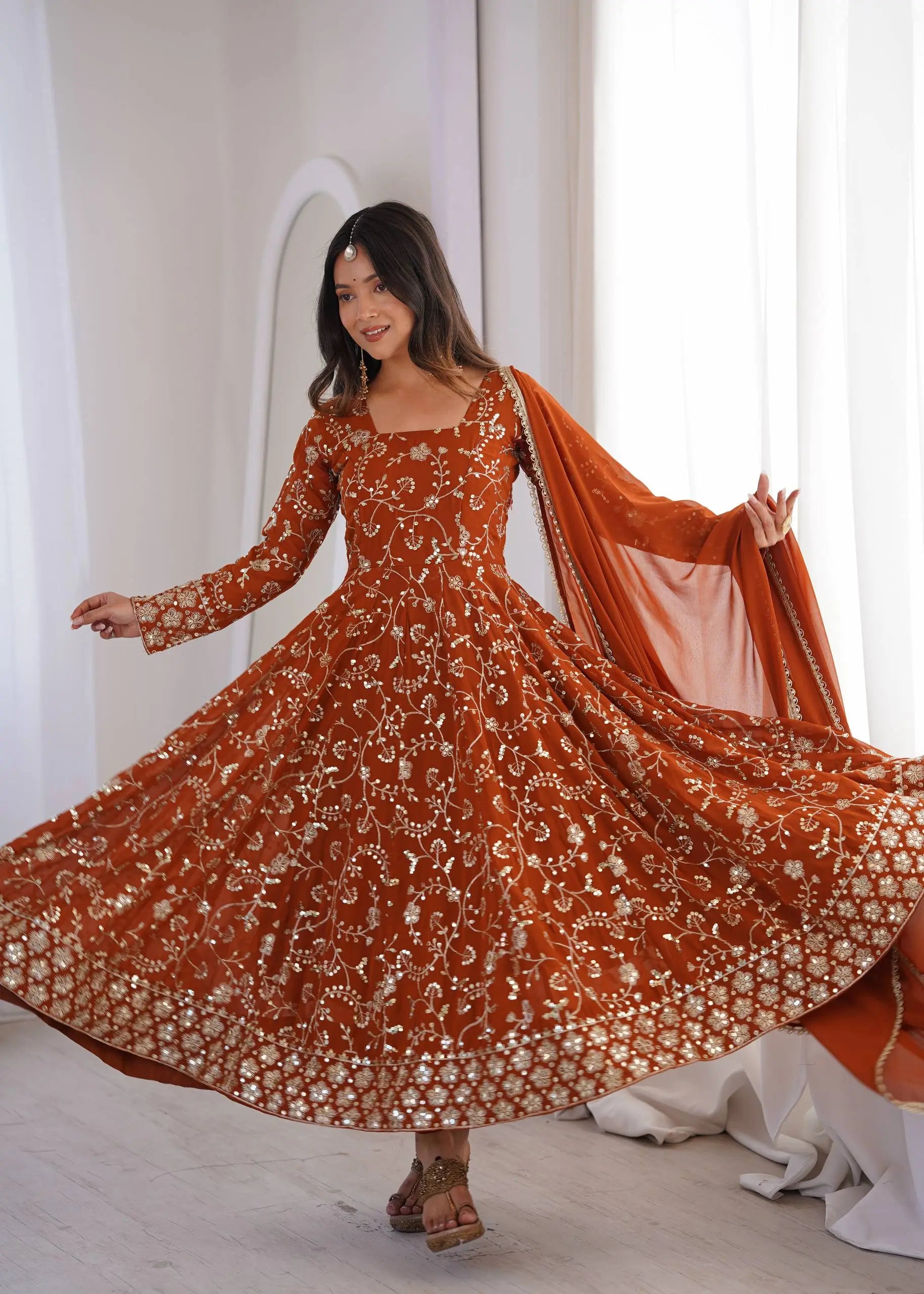 Rust Anarkali Gown with Sequin Embroidery