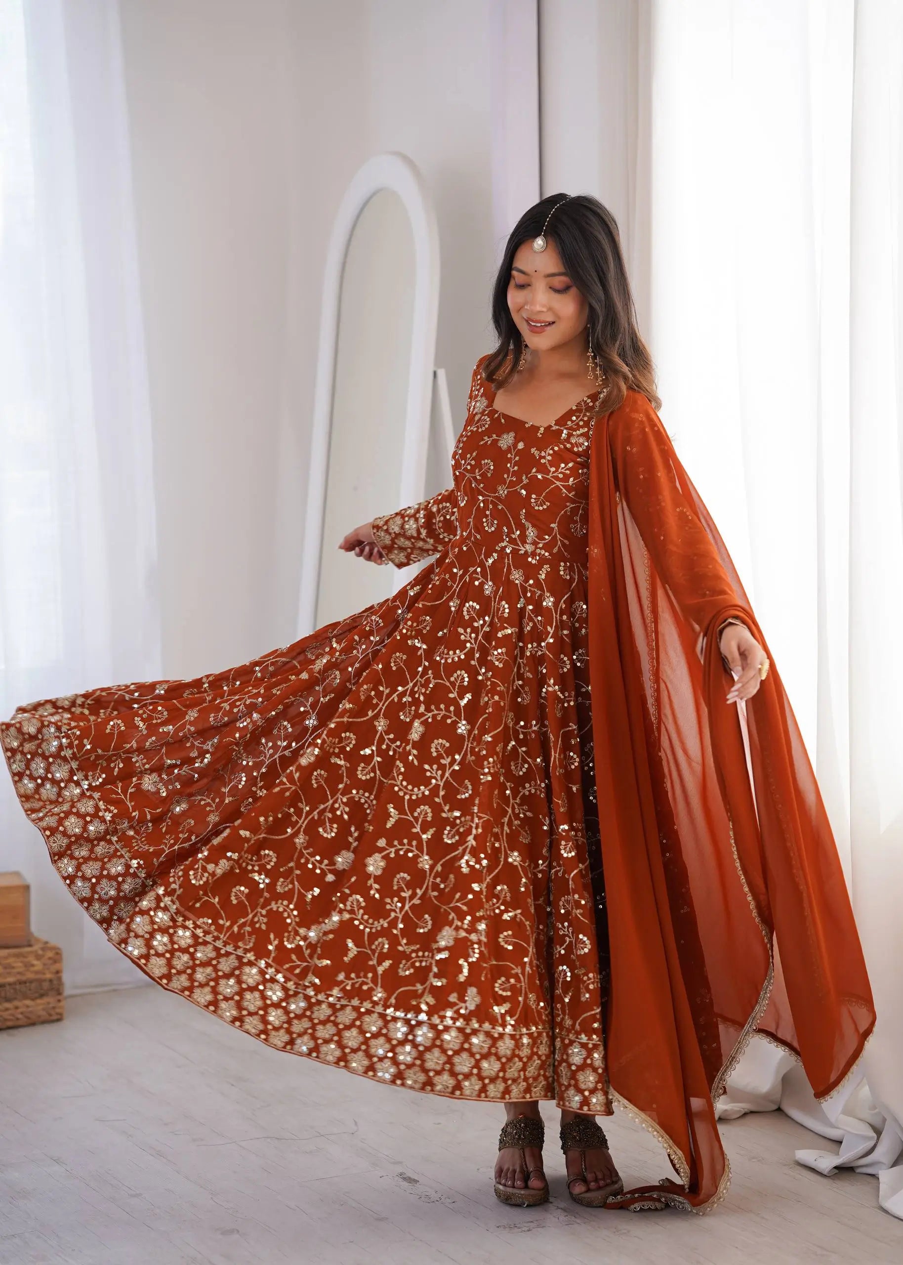 Rust Anarkali Gown with Sequin Embroidery