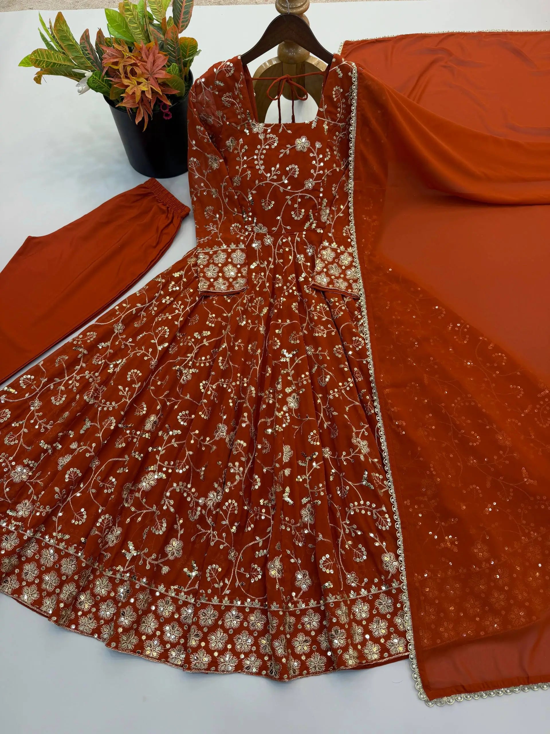 Rust Anarkali Gown with Sequin Embroidery