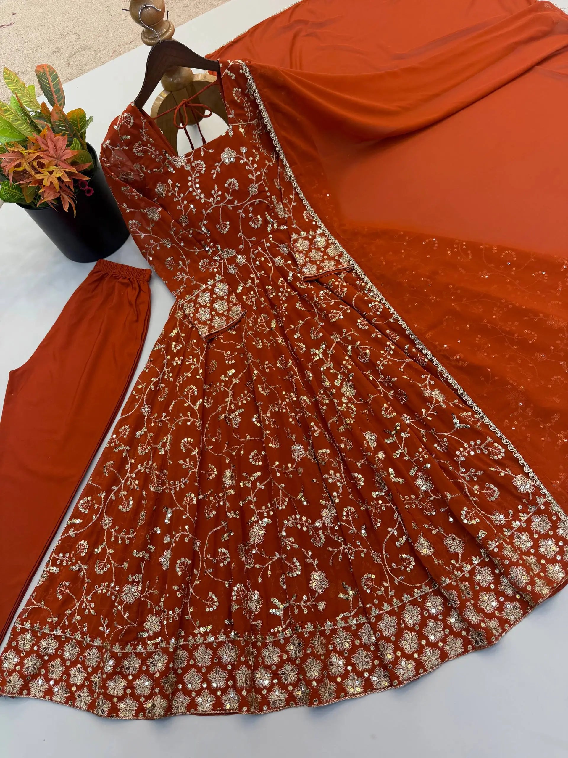 Rust Anarkali Gown with Sequin Embroidery