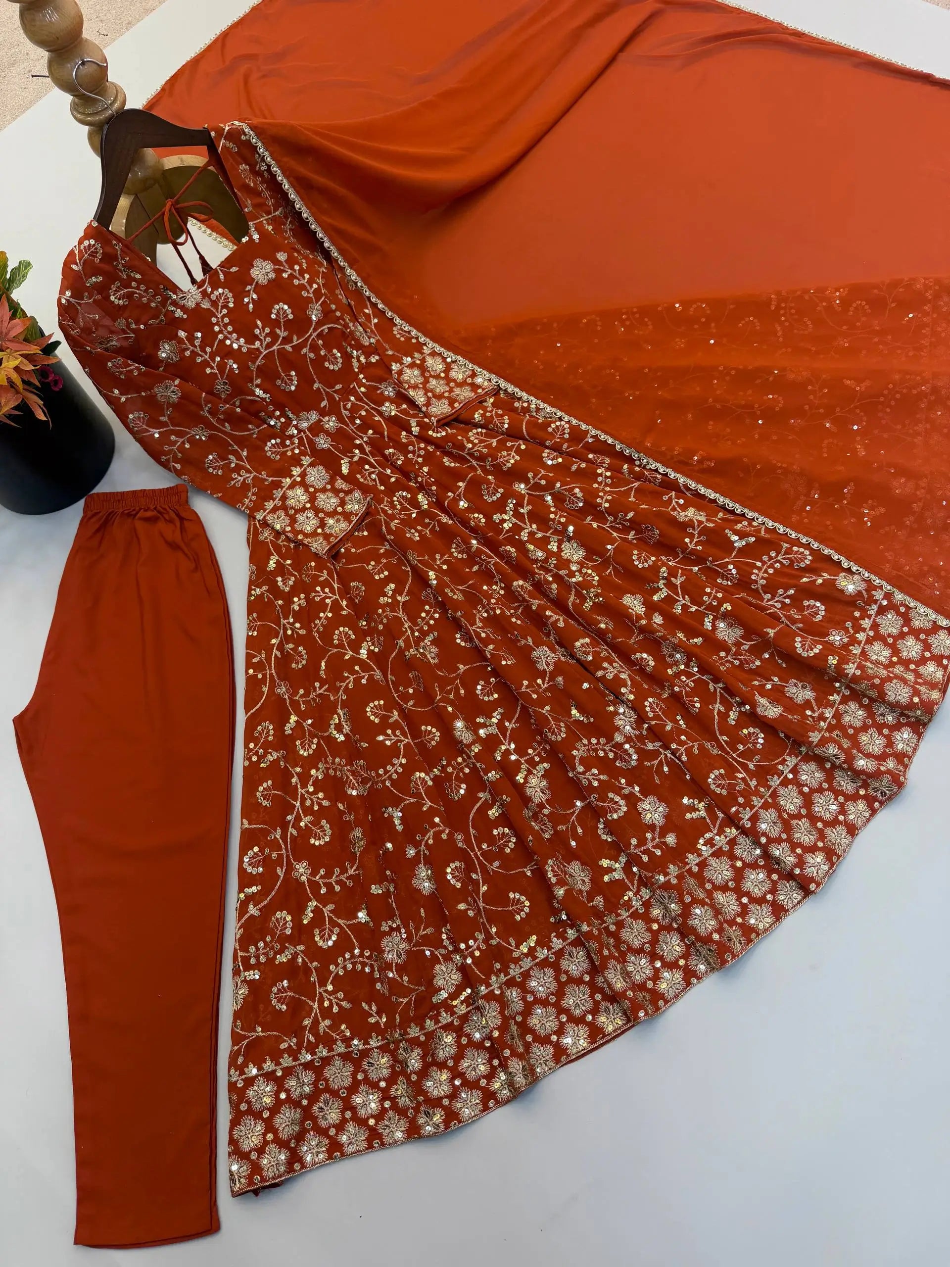 Rust Anarkali Gown with Sequin Embroidery
