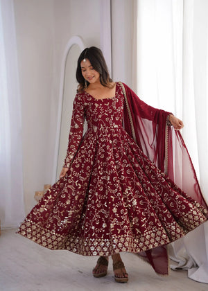Rust Anarkali Gown with Sequin Embroidery
