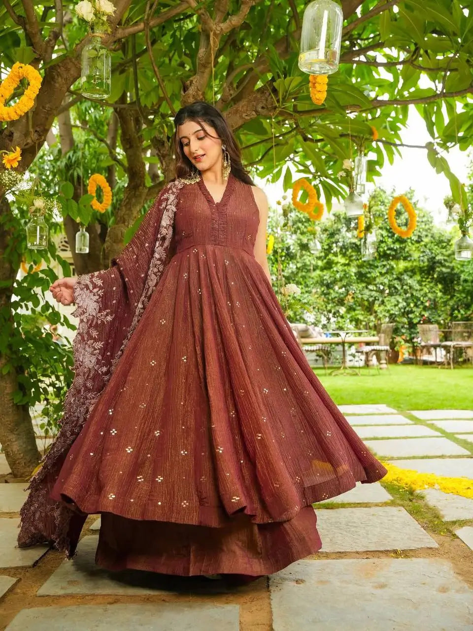 Rust Brown Crunchy Embroidered Anarkali Sharara Set for Festive and Wedding Wear