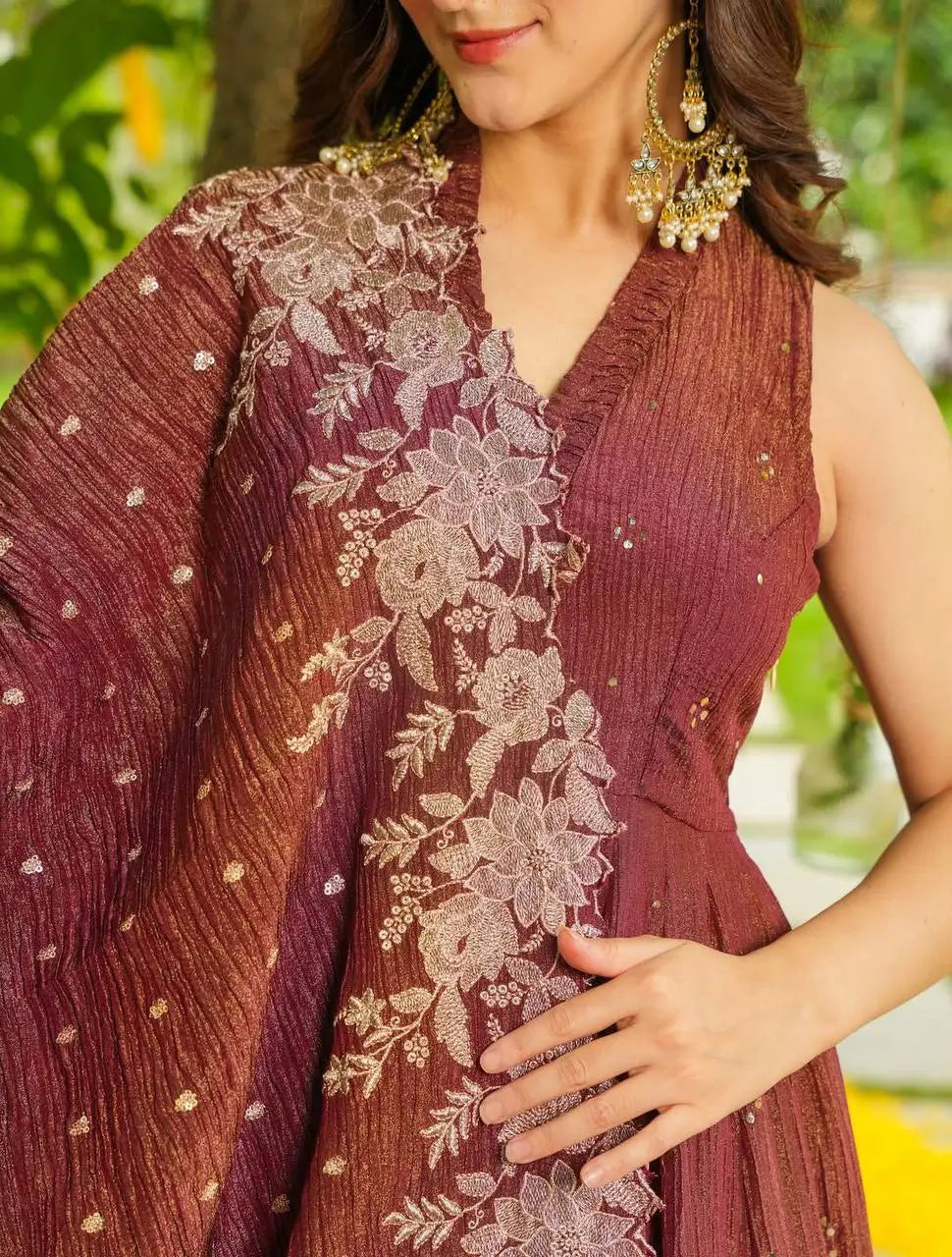 Rust Brown Crunchy Embroidered Anarkali Sharara Set for Festive and Wedding Wear