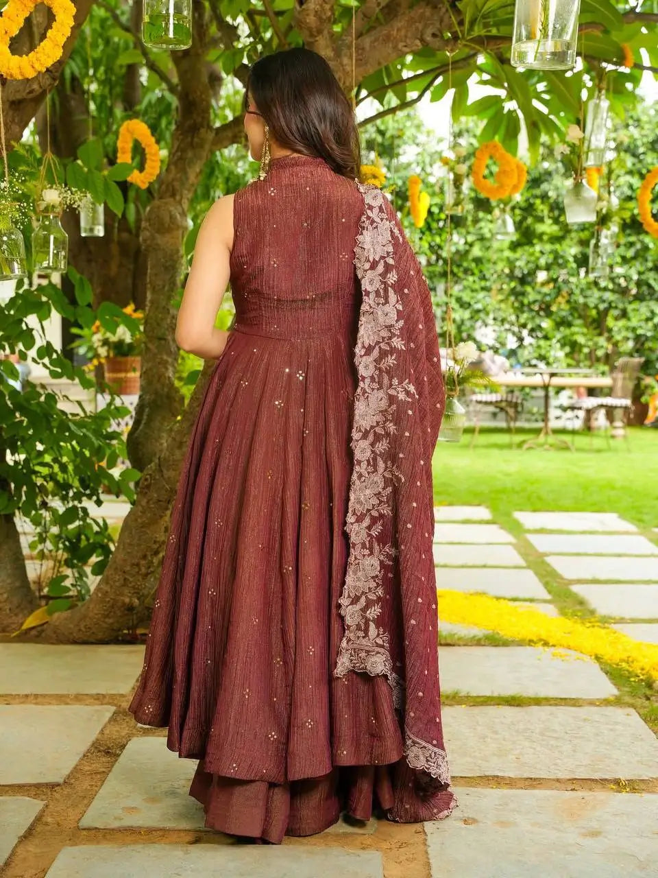 Rust Brown Crunchy Embroidered Anarkali Sharara Set for Festive and Wedding Wear