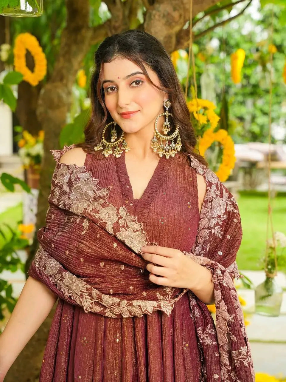 Rust Brown Crunchy Embroidered Anarkali Sharara Set for Festive and Wedding Wear
