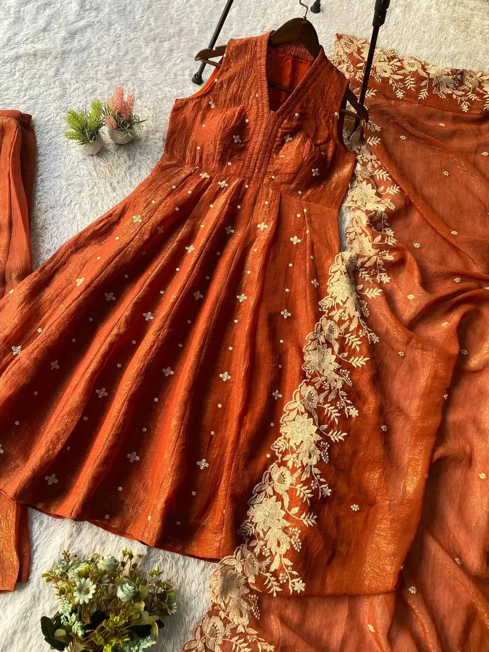 Rust Brown Crunchy Embroidered Anarkali Sharara Set for Festive and Wedding Wear
